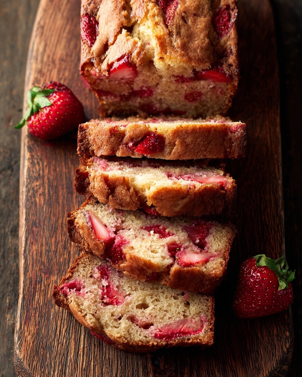 A sliced strawberry bread loaf with four visible thick slices stacked slightly unevenly on a dark wooden board, showing a soft, moist inside dotted with bright red strawberry pieces and a golden-brown crust on top with a sugar sprinkle texture, fresh whole strawberries placed beside the loaf on the left, all against a white marbled background. photo taken with an iphone --ar 4:5 --v 7