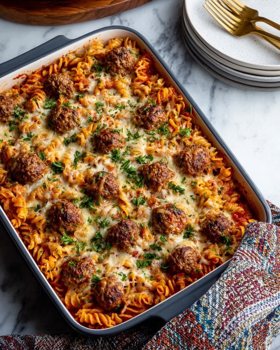 A white rectangular baking dish filled with a baked pasta dish showing two main layers: the bottom layer is orange-red spiral pasta mixed with tomato sauce and scattered vegetables, topped with a melted golden cheese layer that covers the whole surface. On top of the cheese, there are large, round browned meatballs evenly spaced, with some green parsley sprinkled over everything. The baking dish is placed on a dark wooden surface partially covered by a colorful patterned cloth. Beside it, there is a white plate with a gold fork. The overall image is warm and appetizing with a mix of textured pasta, cheese, and meatballs. photo taken with an iphone --ar 4:5 --v 7