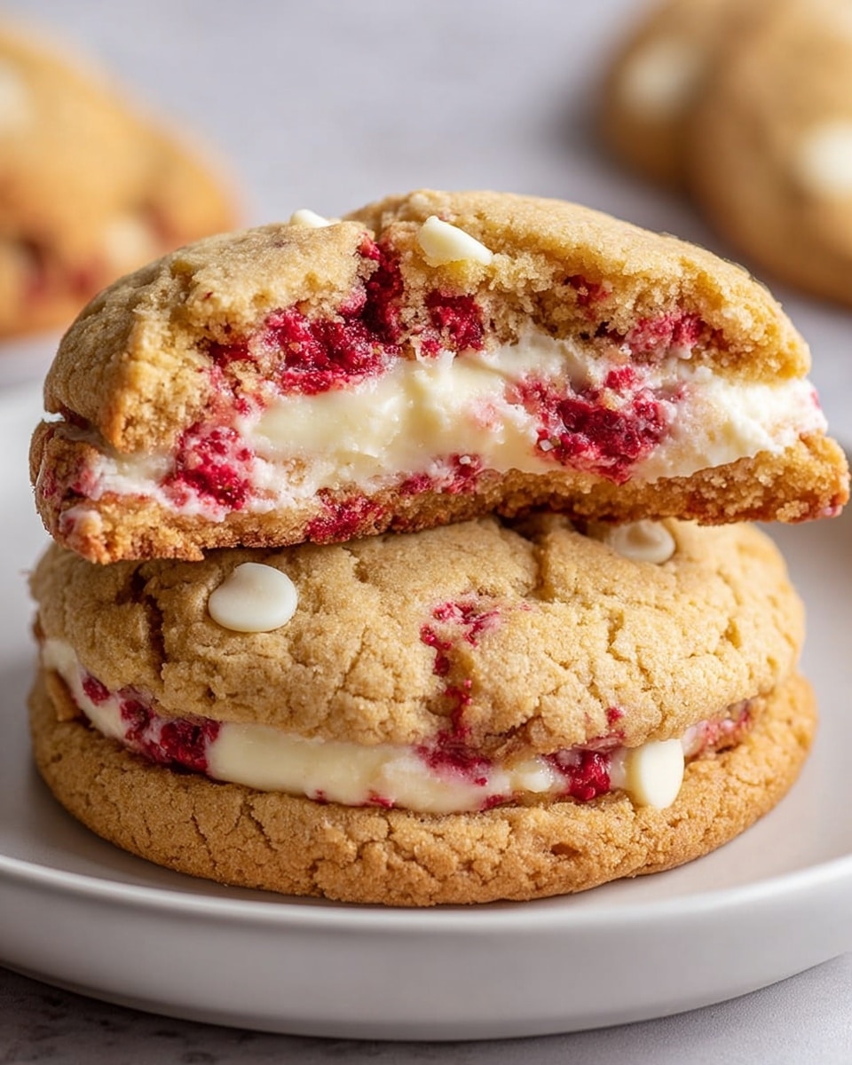 Two light brown cookies with a soft texture are stacked on a white plate with a white marbled surface. The top cookie is broken in half, showing a creamy white filling mixed with bits of bright red fruit inside. Small white chocolate chips are visible on the cookie surface. The cookies have a slightly cracked look, showing a chewy inside and crumbly edges. The background is blurred with more cookies faintly visible. Photo taken with an iphone --ar 4:5 --v 7