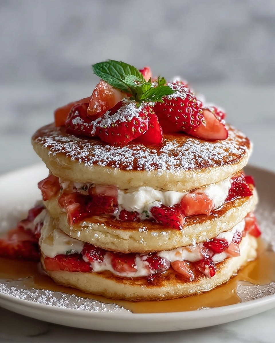A stack of three thick, golden brown pancakes sits centered on a white plate with a white marbled texture background. Between the first and second pancake layers, there are small chunks of bright red strawberries mixed with white creamy filling. The second and third layers also contain the same strawberry pieces and white cream. On top of the third pancake, a few sliced strawberries and one whole strawberry with its green leaves form a small pile, dusted lightly with powdered sugar. Surrounding the pancakes, a light pool of syrup adds a warm amber color, and a sprinkle of powdered sugar decorates the plate edges. Photo taken with an iphone --ar 4:5 --v 7