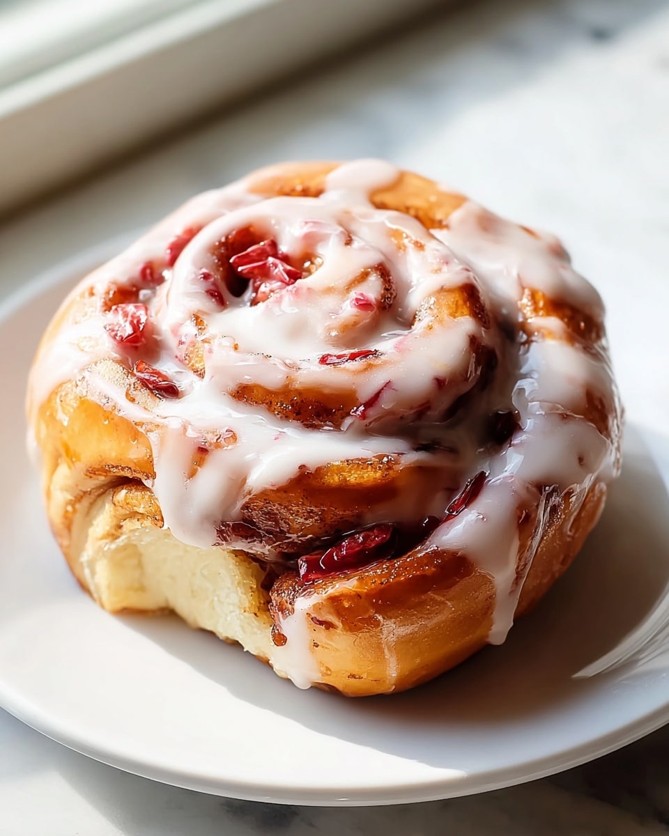 A single cinnamon roll is shown on a white plate placed on a white marbled surface. The roll is golden brown with thick white icing dripping down the sides and pooling slightly at the base. Inside the swirl, there are small bits of red fruit, likely strawberries, scattered evenly through the layers. The cinnamon roll has multiple layers visible, each with a soft, fluffy texture and some sticky glaze. The photo is taken close up, showing the shiny glaze and soft dough texture with natural light coming from the side. photo taken with an iphone --ar 4:5 --v 7