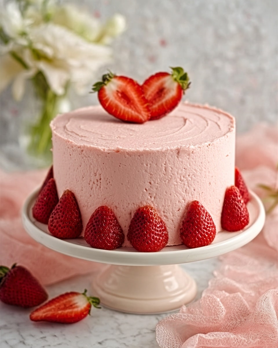 A tall round cake stands on a white cake stand with a wide base, placed on a white marbled surface. The cake is covered smoothly with light pink frosting that has tiny red specks all over it, giving a textured look. Around the bottom edge of the cake, there is a neat row of whole fresh strawberries with their pointed ends facing down. On the top center of the cake, there is a small stack of three large strawberries: one whole, one sliced thinly and fanned out, and another whole strawberry leaning slightly. Soft pink flowers and an orange napkin are blurred in the light beige background. The photo taken with an iphone --ar 4:5 --v 7