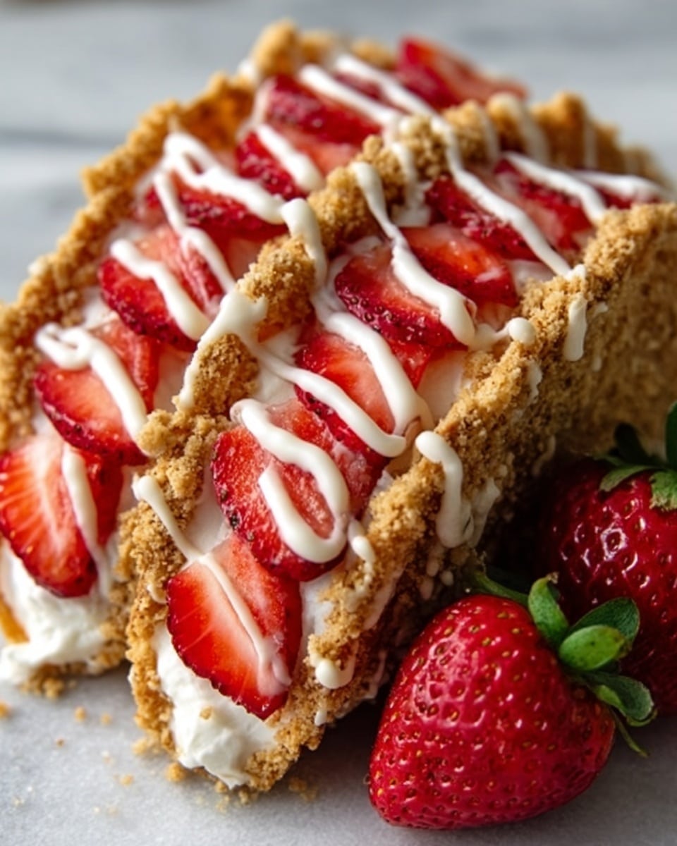 The image shows a close-up of three taco-shaped cookies filled with layers of bright red sliced strawberries, white cream, and light brown crumbly cookie shell. The cookie shells are textured with fine crumbs on the outside, hugging a smooth layer of cream that holds fresh strawberries cut into halves and slices. Extra white cream is drizzled over each cookie, adding a glossy shine. On the white marbled surface next to the cookies, there are whole strawberries adding a fresh touch to the scene. photo taken with an iphone --ar 4:5 --v 7