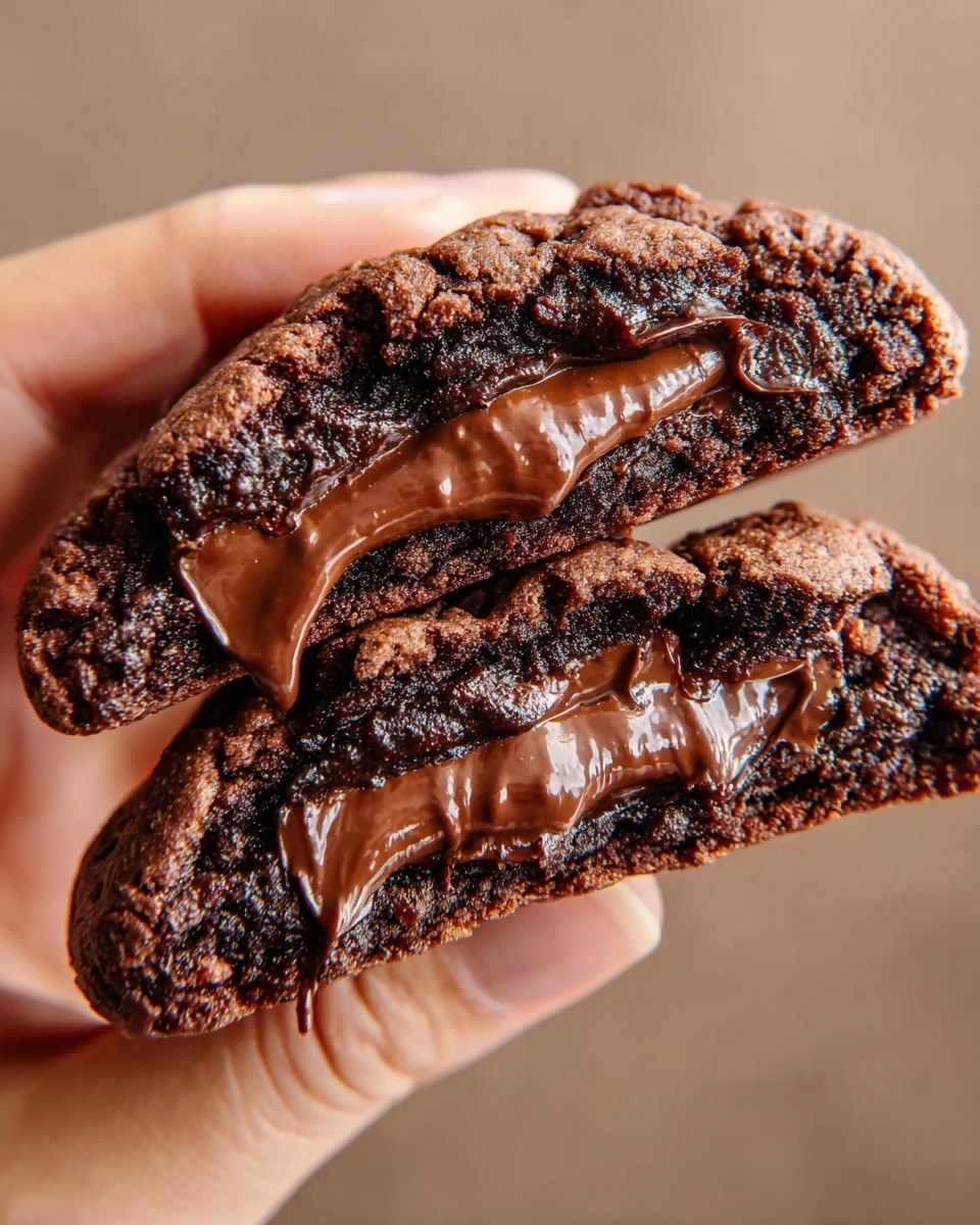 A close-up of a broken chocolate cookie held between a woman's fingers, showing two layers: the outer layer is dark brown and crispy with a cracked texture, and inside is a thick, smooth, melted chocolate filling in a shiny medium brown shade, oozing slightly from the center. The background is a soft, out-of-focus light brown color. Photo taken with an iphone --ar 4:5 --v 7