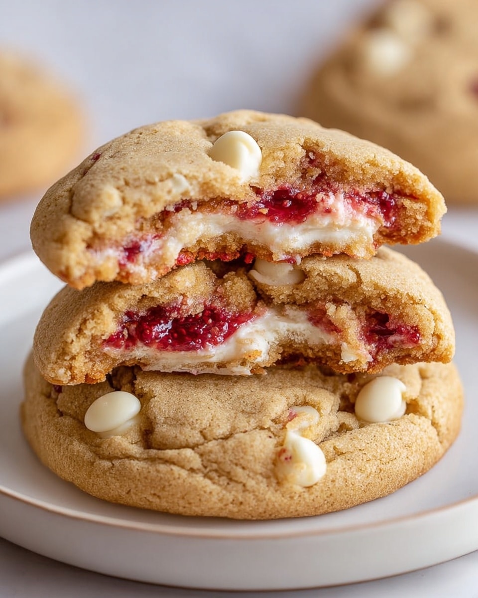 Two made cookies stacked on a white plate placed on a white marbled surface. The bottom cookie is whole with a soft, light golden brown texture and a few white chocolate chips on top. The top cookie is broken in half, resting partly on the whole cookie, showing three layers inside: the soft golden brown cookie dough on the outside, a middle layer of creamy white filling, and bright red fruit pieces swirled inside and around the filling, with bits of the white chocolate chips visible inside as well. The photo taken with an iphone --ar 4:5 --v 7