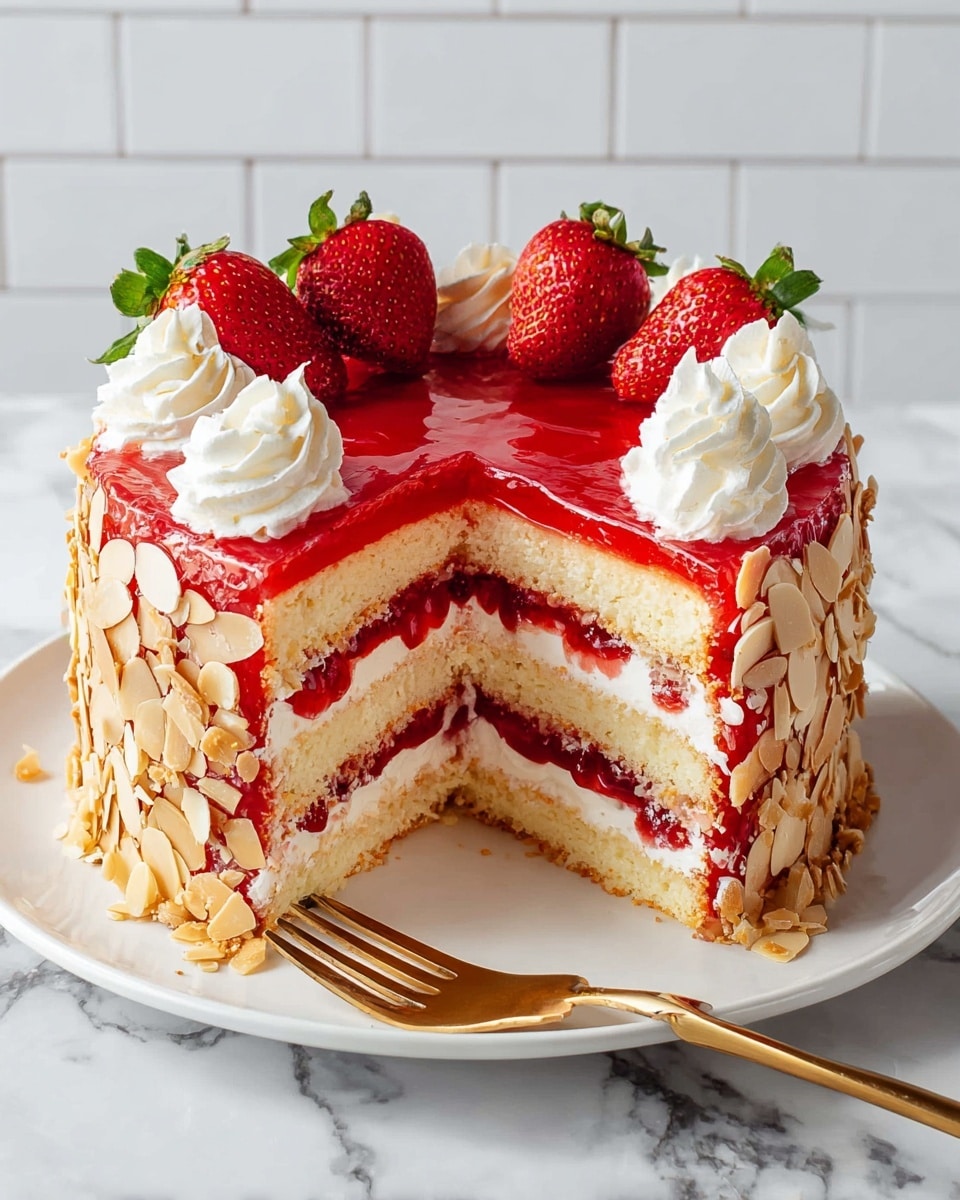 A four-layer cake with light yellow sponge separated by thick red jam layers is shown, the sides covered in white cream coated with toasted almond slices. The top layer has a smooth, shiny red jam surface, decorated with white cream swirls evenly spaced around its edge, each topped with a whole red strawberry with green leaves. A slice is removed, revealing the clear layering inside. The cake sits on a simple white plate with a golden fork resting beside the cut slice, all placed on a white marbled surface with a tiled white background. Photo taken with an iphone --ar 4:5 --v 7