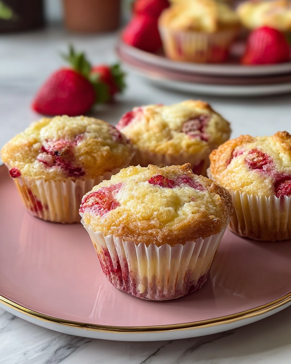 The image shows a close-up of five strawberry muffins on a white plate with a soft pinkish hue. Each muffin has a golden-brown top with visible chunks of bright red strawberries embedded inside and on top, adding a splash of vibrant color. The muffin liners are white with a slight reddish tint from the strawberry juice. The background is softly blurred, enhancing the focus on the front muffin, and the surface beneath the plate is a white marbled texture. photo taken with an iphone --ar 4:5 --v 7