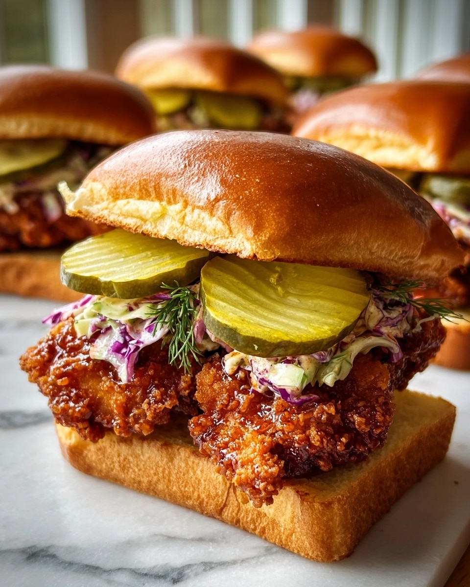 A close-up of a sandwich with four visible layers: the top layer is a shiny, soft brown bun; below that are slices of green pickles and a creamy coleslaw with purple cabbage and green dill showing its texture; the third layer is crispy fried chicken with a reddish-brown, crunchy coating; the bottom layer is a thick, lightly toasted white bread slice. The background shows similar sandwiches blurred out, sitting on a wooden surface replaced with white marbled texture, and light coming from a window. photo taken with an iphone --ar 4:5 --v 7