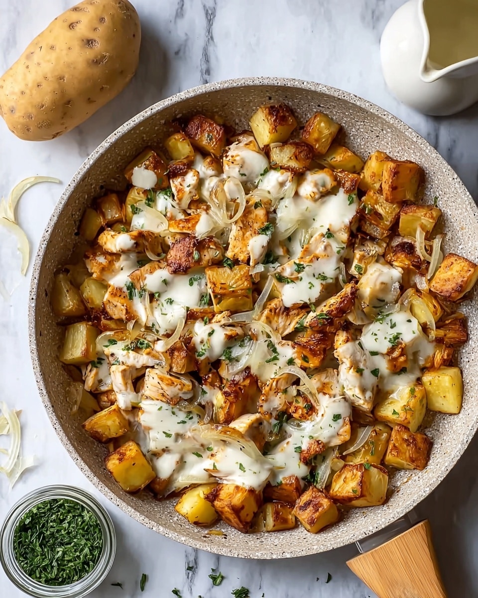 The image shows a speckled skillet filled with golden-browned, cubed potatoes as the base layer, topped with pieces of grilled chicken that have slightly charred edges. Over the chicken and potatoes, there is a creamy white sauce drizzled unevenly, along with finely shredded white cheese melted on top. The dish is garnished with small green herb flakes, scattered evenly for color contrast. Around the skillet, on a white marbled texture, there is a whole potato at the top right, a small cup of extra white sauce on the top left, a jar containing green herbs at the bottom left, and a folded blue cloth partially visible on the bottom right. photo taken with an iphone --ar 4:5 --v 7
