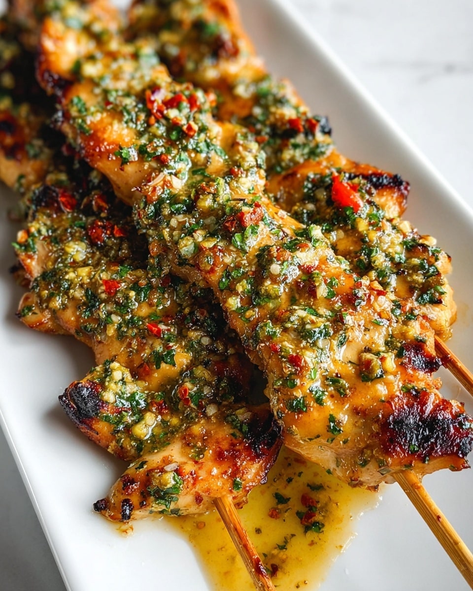 Three grilled chicken skewers lie side by side on a white plate with a white marbled texture underneath. Each skewer has a thick layer of golden brown chicken with charred grill marks and a glossy herb sauce on top. The sauce is speckled with finely chopped green herbs and small red chili flakes, adding color and texture. The chicken looks juicy and tender, with the sauce pooling slightly around the edges. The wooden skewers peek out from the bottom of the chicken pieces. photo taken with an iphone --ar 4:5 --v 7