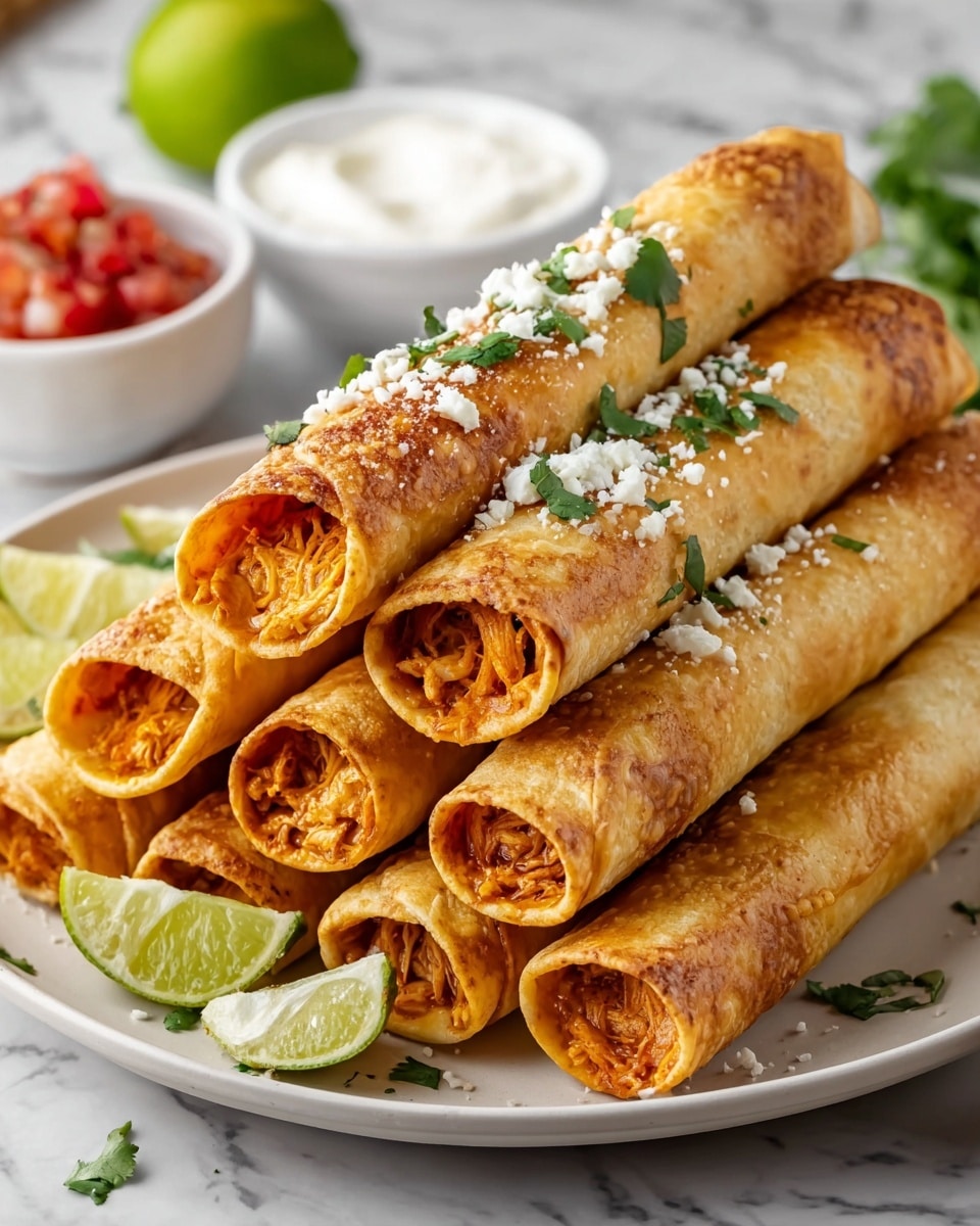 A round white plate piled with two layers of golden-brown crispy rolled taquitos filled with shredded seasoned chicken, each taquito topped with small bits of white cheese and scattered green cilantro leaves. The taquitos’ texture shows a slight bubbly crispness on the surface. On the plate’s side are two bright green lime wedges. In the blurry background, there is a small bowl with red tomato salsa and another bowl with smooth white sour cream, all set on a white marbled textured surface. Photo taken with an iphone --ar 4:5 --v 7