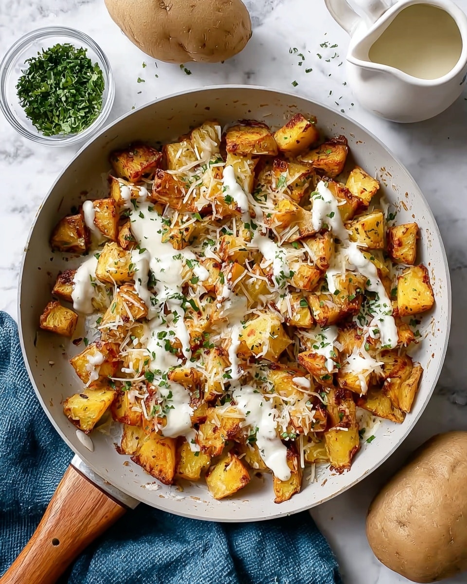 A round pan with a wooden handle holds a dish made of golden brown roasted potato cubes as the base layer, topped with grilled chicken pieces that have char marks. Over the chicken and potatoes, there is a layer of shredded white cheese evenly spread out, melted slightly. White creamy sauce is drizzled in lines across the top, and finely chopped green herbs are sprinkled over everything. The pan sits on a white marbled surface next to a whole potato and a small white pitcher of sauce. A small glass jar filled with chopped green herbs is placed nearby on a blue cloth. Photo taken with an iphone --ar 4:5 --v 7