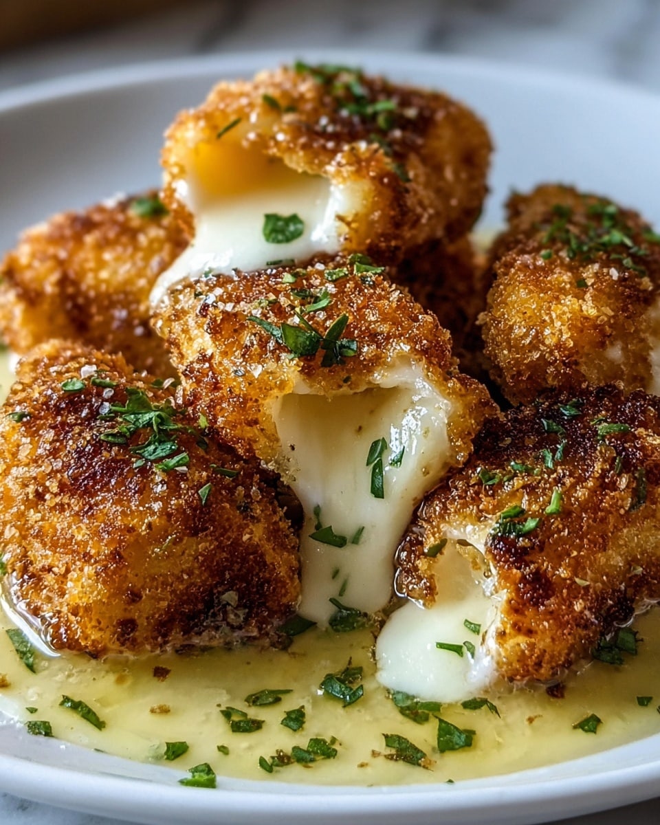 A close-up view of five golden brown, crispy breaded pieces of fried cheese resting in a shallow pool of creamy light yellow sauce, garnished with small pieces of chopped green herbs scattered on top and around the dish. Each piece shows a slightly melted, gooey white cheese center visible through small cracks in the crust. The pieces are arranged on a white plate sitting on a white marbled texture surface, creating a warm and appetizing look. photo taken with an iphone --ar 4:5 --v 7