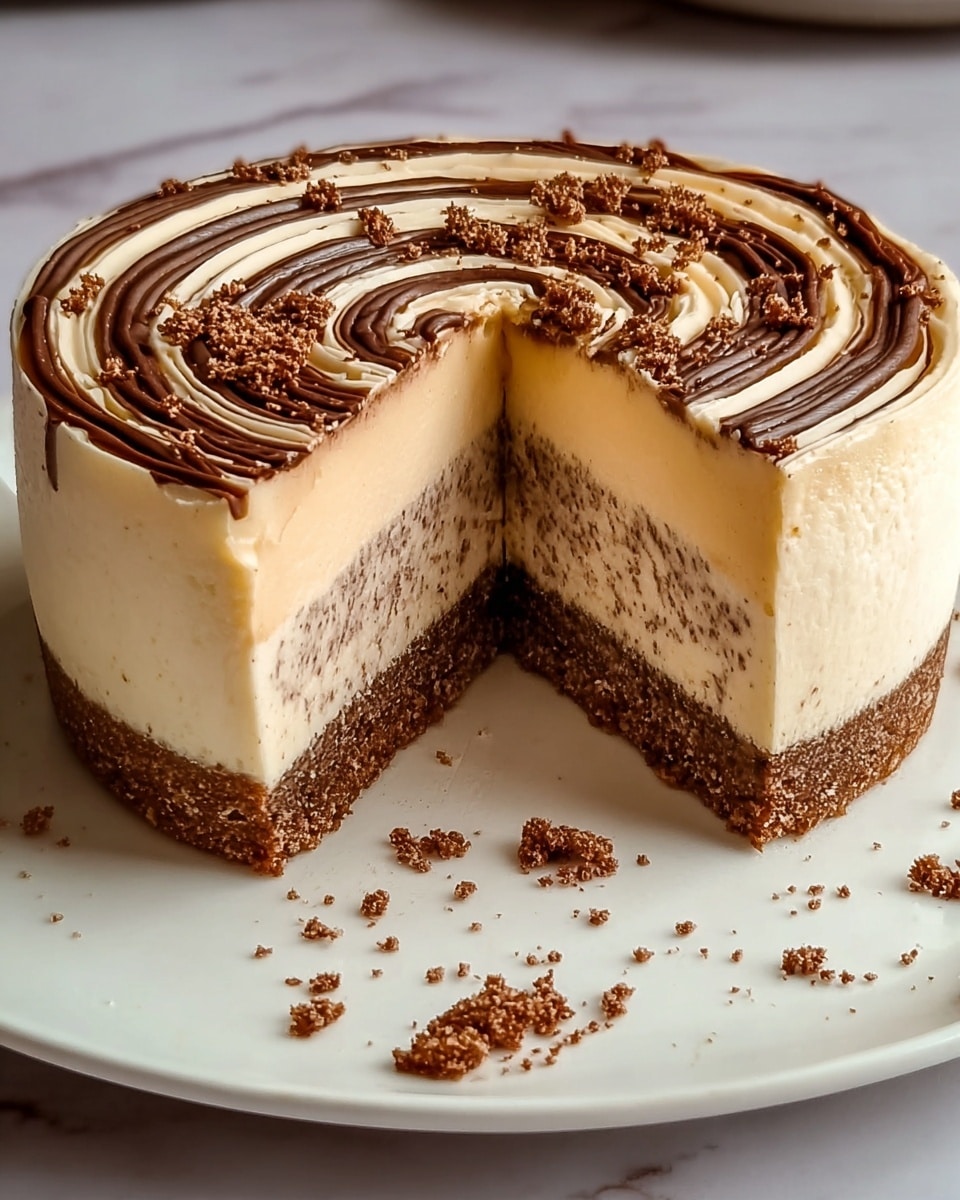 A round cheesecake with four visible layers sits on a white plate over a white marbled texture. The bottom layer is a light brown crumbly crust. Above that is a thick creamy off-white layer. The third layer is a mixture of dark brown and light cream, with a rough texture suggesting chocolate or cocoa mix, and the top layer is smooth, creamy off-white with dark brown cocoa powder dusted in swirling patterns across the surface. A slice is removed, showing the inside layers clearly. photo taken with an iphone --ar 4:5 --v 7