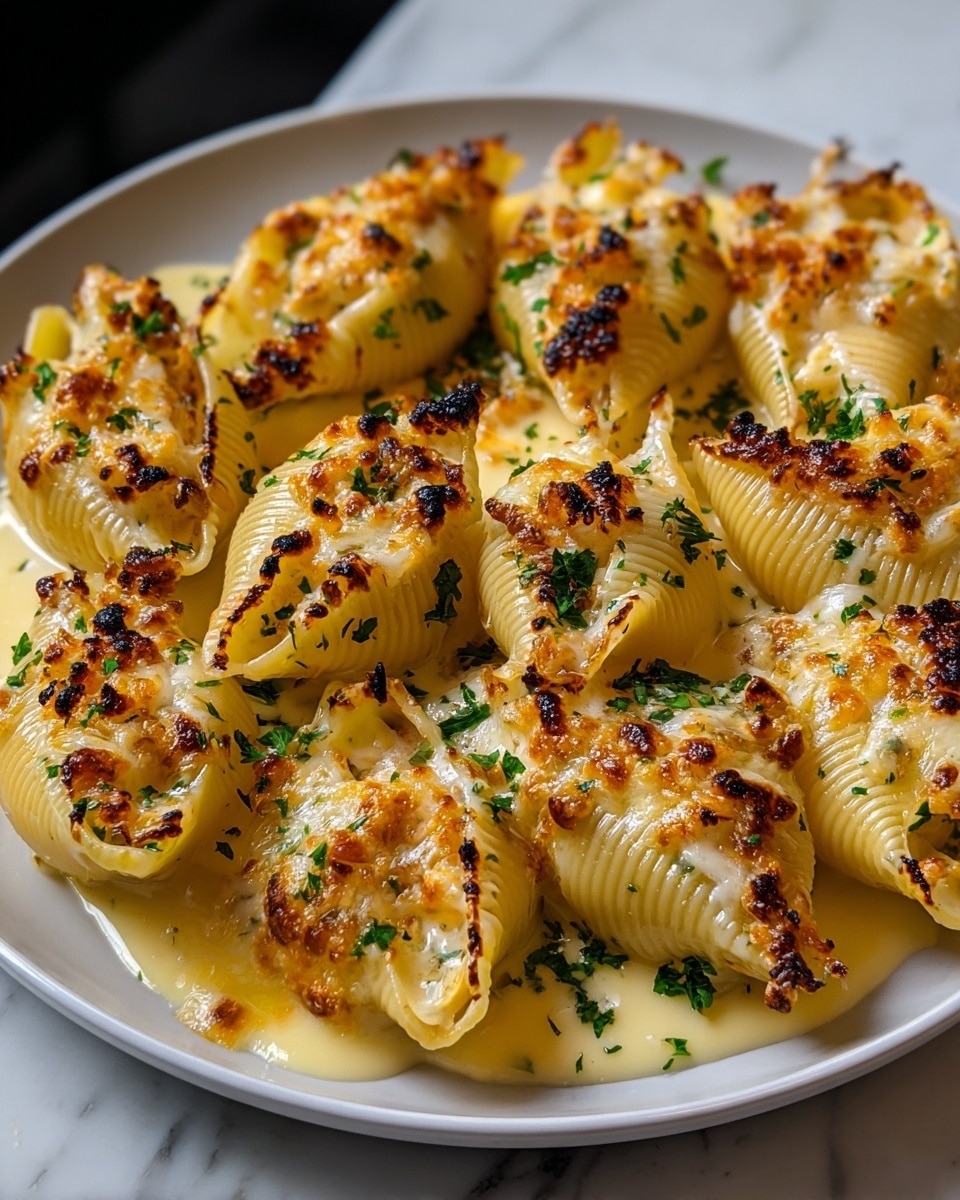 A close-up view of large pasta shells arranged on a white plate in two rows. Each shell is filled with a creamy cheese mixture, visible as a white and slightly browned layer on top, with melted golden brown cheese melted and slightly crispy on top. The shells have ridged textures and a pale yellow color. Small green bits of parsley are sprinkled over the cheese, adding a fresh contrast. The plate sits on a white marbled surface, and the overall look is warm and inviting. photo taken with an iphone --ar 4:5 --v 7