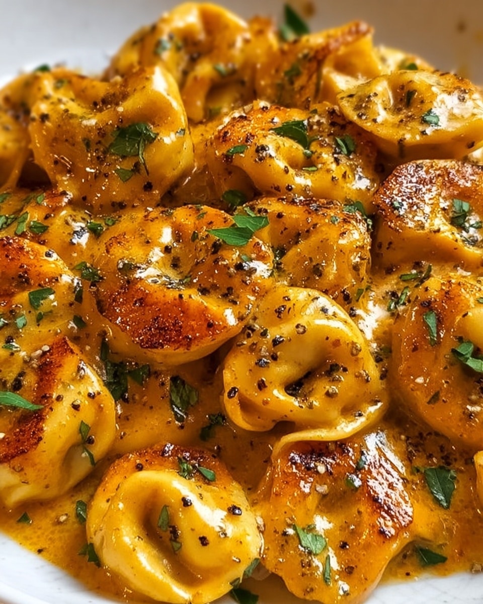 This close-up image shows a white plate filled with golden-brown tortellini pasta covered in a rich, creamy orange sauce. The tortellini pieces are browned on the edges, showing slight crispiness with a mix of smooth and slightly textured surfaces. The dish is garnished with small green herb leaves and sprinkled with black pepper and grated cheese, adding color contrast and texture. The background surface is a white marbled texture, keeping focus on the creamy pasta dish. photo taken with an iphone --ar 4:5 --v 7
