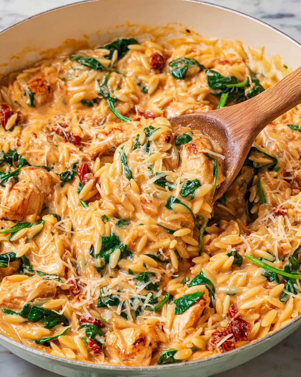 A close-up view of a creamy pasta dish in a white pan, featuring three main layers: a light orange cheese sauce coating spiraled pasta, combined with tender pieces of cooked chicken in golden brown tones scattered throughout, and fresh bright green spinach leaves mixed evenly in. Small bits of reddish sun-dried tomatoes add texture and color contrast. A wooden spoon lifts a portion of the creamy mixture, showing the thick, rich texture and the mixed colorful ingredients inside. Photo taken with an iphone --ar 4:5 --v 7