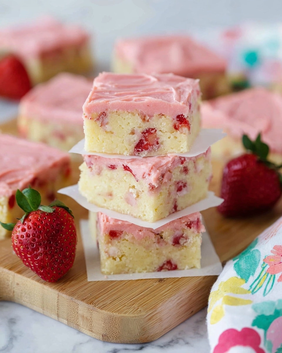 A stack of four square strawberry dessert bars shows three thick layers: the bottom layer is light yellow with bits of red strawberry mixed inside, the middle layer is thin white parchment paper separating each bar, and the top layer is a smooth pink frosting coated with small strawberry pieces. The stack sits on a wooden board, surrounded by more bars with a similar appearance, and bright red strawberries scattered around. A colorful cloth with floral patterns is to the right on a white marbled texture surface. photo taken with an iphone --ar 4:5 --v 7