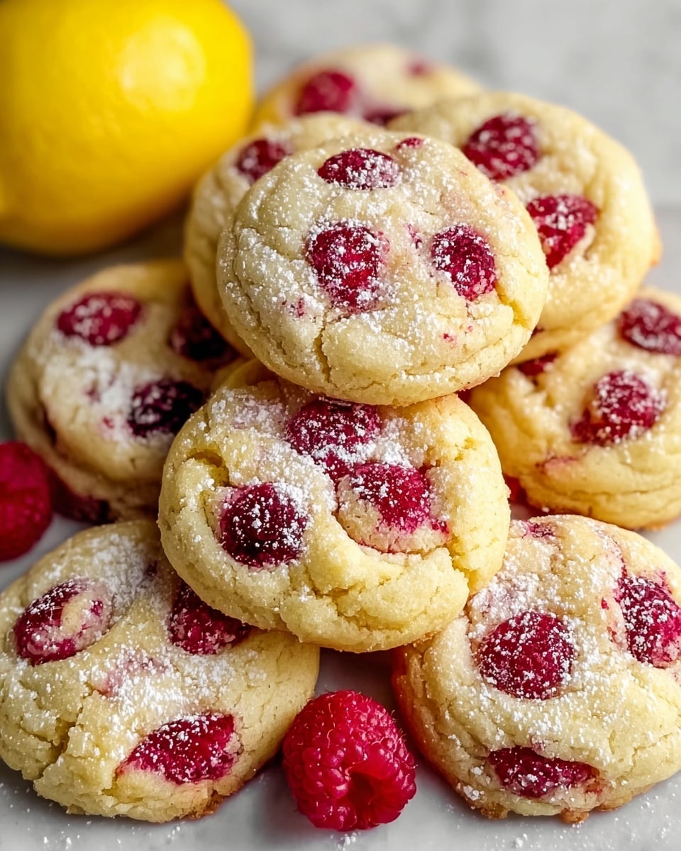 A pile of round, light golden cookies with a soft, slightly cracked texture, each topped with bright red raspberries that look juicy and fresh, scattered in small clusters on the surface. The cookies have a light dusting of white powdered sugar, adding a delicate touch on top. Behind the cookies, there is a bright yellow lemon placed on a surface with a white marbled texture, enhancing the fresh and sweet feeling of the image. The overall look is inviting and homemade, with the cookies slightly overlapping each other. photo taken with an iphone --ar 4:5 --v 7