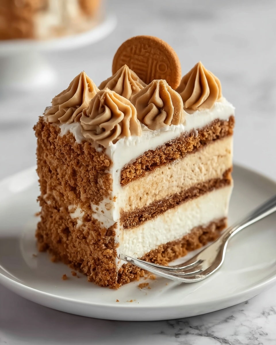 A slice of layered cake sits on a white plate with a silver fork beside it. The cake has three main layers: a bottom brown crumbly cake layer, a thick middle cream layer that looks smooth and light, and a top brown crumbly cake layer mixed with another thin cream layer. On top of the cake, dollops of light brown frosting are piped in a swirl pattern, with a small round cookie placed upright into the frosting. The cake edges are coated in crumb pieces, and crumbs are scattered lightly on the plate. The background is softly blurred with a white marbled texture surface. Photo taken with an iphone --ar 4:5 --v 7