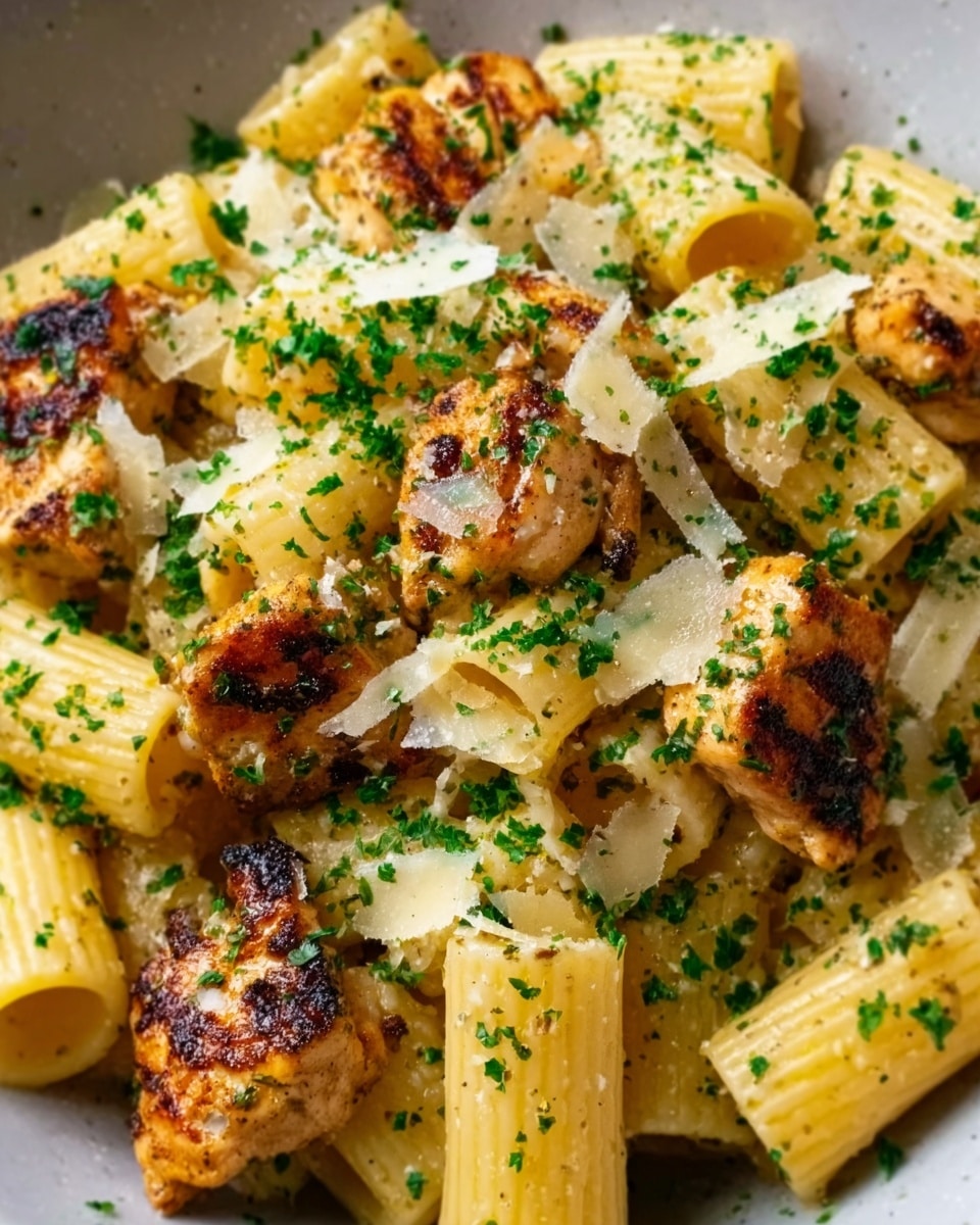 The image shows a close-up of rigatoni pasta coated in a creamy, light-colored sauce, with several pieces of golden-brown grilled chicken scattered across the top. The pasta tubes have a smooth texture with some ridges visible, and the chicken pieces are slightly charred with a crispy outside. Fresh green chopped parsley is sprinkled all over the dish, adding a pop of color. Finely grated white cheese is lightly spread on top, melting slightly on the warm pasta and chicken. The dish is resting on a white marbled surface. Photo taken with an iphone --ar 4:5 --v 7