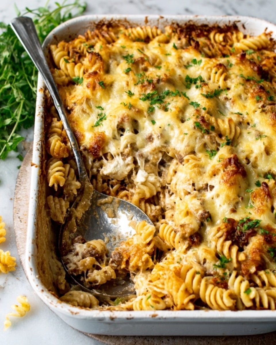 The image shows a white ceramic baking dish filled with baked pasta. The dish has two visible layers: a bottom layer of cooked fusilli pasta mixed with small pieces of browned sausage, giving a mix of light yellow and brown colors; and a top layer of melted, golden-brown cheese with a slightly crispy texture and small green herb sprinkles scattered on top. A silver serving spoon with an ornate handle is placed inside the dish, partly submerged in the pasta. The dish sits on a white marbled surface with some green herbs visible at the edge. photo taken with an iphone --ar 4:5 --v 7