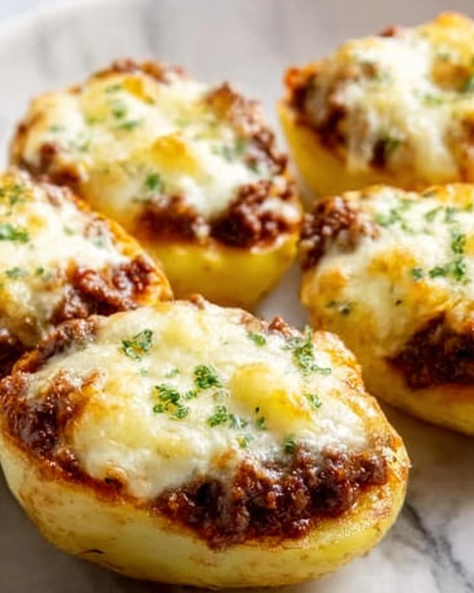 The image shows several stuffed potato halves arranged closely on a white surface with a white marbled texture. Each potato half has three visible layers: the bottom layer is smooth, soft yellow potato, the middle layer is a thick, crumbly brown ground meat, and the top layer is melted cheese with patches of light brown where it has browned slightly. Small green herb pieces are sprinkled on top of the cheese, adding a touch of color. The overall look is warm and inviting, highlighting the contrast between the creamy potato, rich meat, and gooey cheese. Photo taken with an iphone --ar 4:5 --v 7