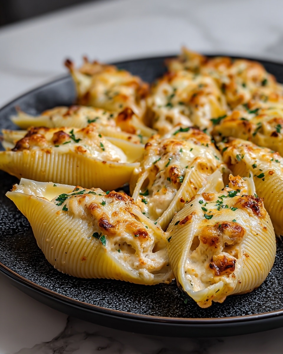 The image shows a close-up of a round white plate filled with large pasta shells that are stuffed and baked. Each shell has two visible layers: the soft yellowish pasta shell with its ridged texture and inside a creamy white cheese filling that looks smooth and rich. On top of each shell, there is a golden-brown layer of melted cheese with some darker browned spots, giving a crispy look. Small chopped green herbs are sprinkled on top, adding a fresh contrast. The plate sits on a white marbled surface with soft lighting highlighting the textures and colors of the dish. photo taken with an iphone --ar 4:5 --v 7