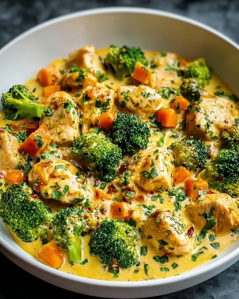 A white bowl filled with a creamy yellow sauce base that has a smooth, slightly glossy texture. Floating on top are small, tender chunks of white chicken with light browning on edges, alongside bright green broccoli florets showing fine details and a fresh look. Scattered among these are small pieces of orange carrot, adding pops of color and contrast. The whole dish is sprinkled with finely chopped green herbs and small red pepper flakes, giving a fresh and slightly spicy finish. The bowl sits on a white marbled surface. photo taken with an iphone --ar 4:5 --v 7