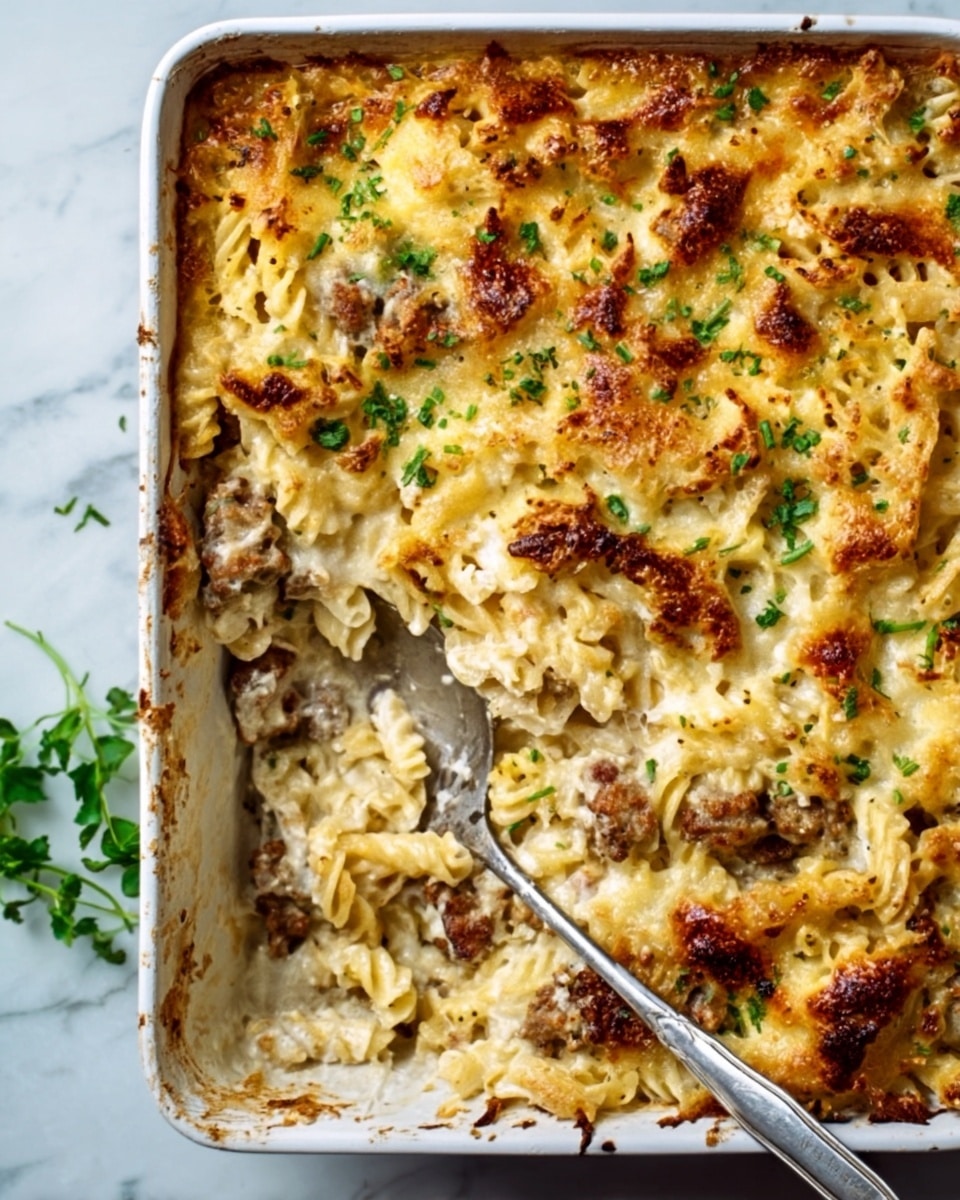 The image shows a white rectangular ceramic baking dish filled with a baked pasta casserole. The casserole has multiple layers, starting with a bed of spiral pasta at the bottom, which is golden yellow in color. Mixed throughout the pasta are small pieces of browned meat and possibly mushrooms, creating a speckled texture. The top layer is a thick, bubbly, melted cheese crust that is golden brown with some crispy edges and a few green herb sprinkles for color. A large silver serving spoon with a reflective surface rests on the right side inside the dish, partially scooping out the casserole. The dish is placed on a white marbled surface. photo taken with an iphone --ar 4:5 --v 7