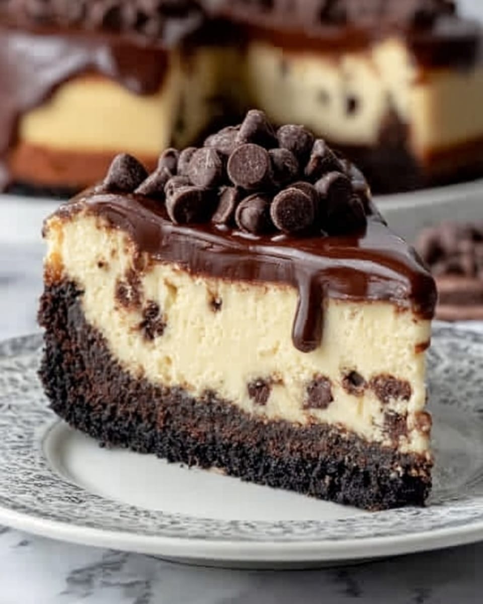A close-up of a slice of dessert on a white plate with intricate designs. The bottom layer is a dense, dark chocolate crust. Above that is a thick, creamy, pale yellow cheesecake layer with small bits of chocolate mixed inside. On top, smooth milk chocolate ganache drips slightly over the edge, and the slice is topped with a generous pile of semi-sweet chocolate chips. The background is a white marbled surface. Photo taken with an iphone --ar 4:5 --v 7
