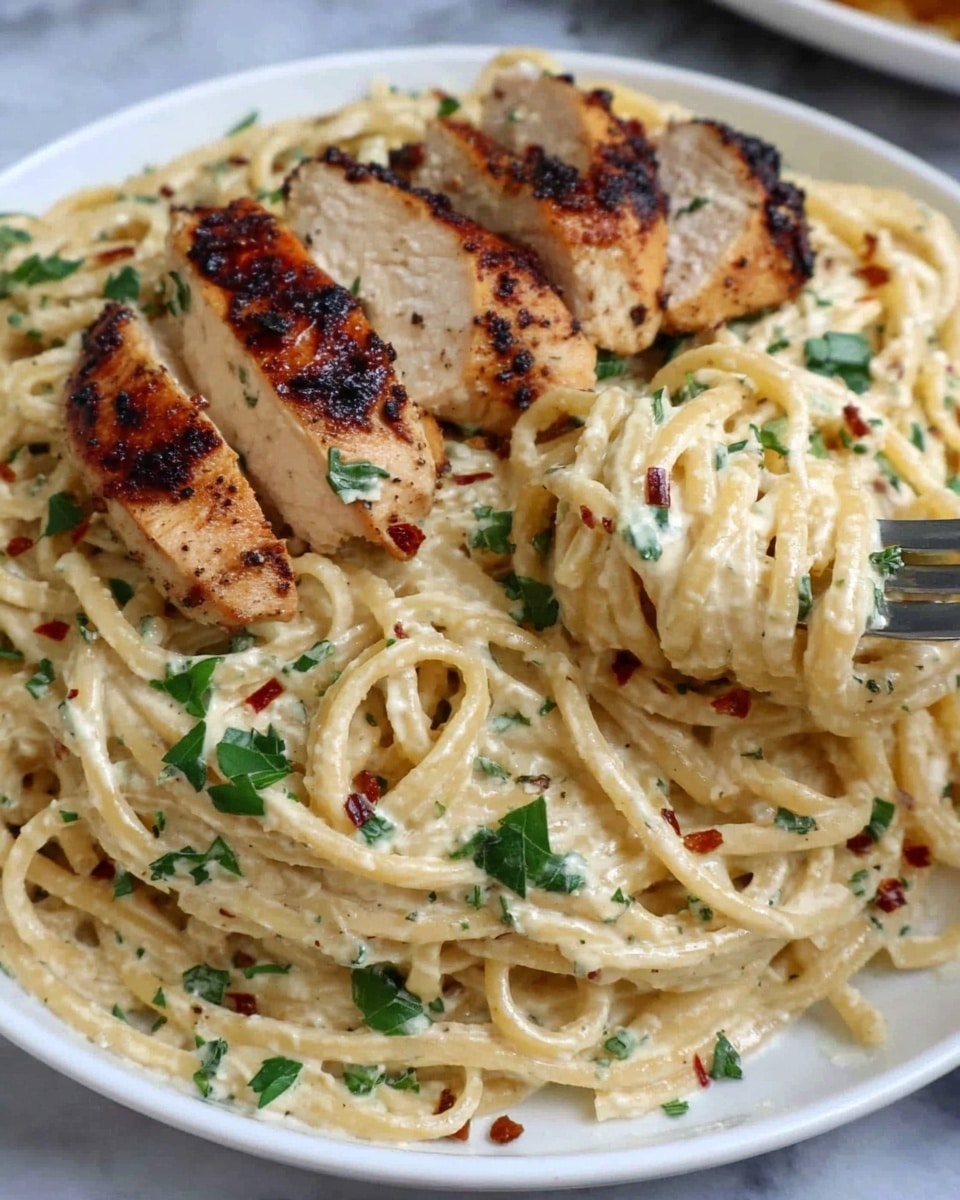 The image shows a white plate filled with creamy pasta topped with three pieces of grilled chicken. The pasta is pale yellow with a smooth, creamy sauce that has small green parsley bits spread throughout. The grilled chicken pieces are golden brown with char marks, sitting on top of the pasta in the center. There are tiny red flakes, possibly chili, sprinkled over the dish. The background is a white marbled texture. Photo taken with an iphone --ar 4:5 --v 7