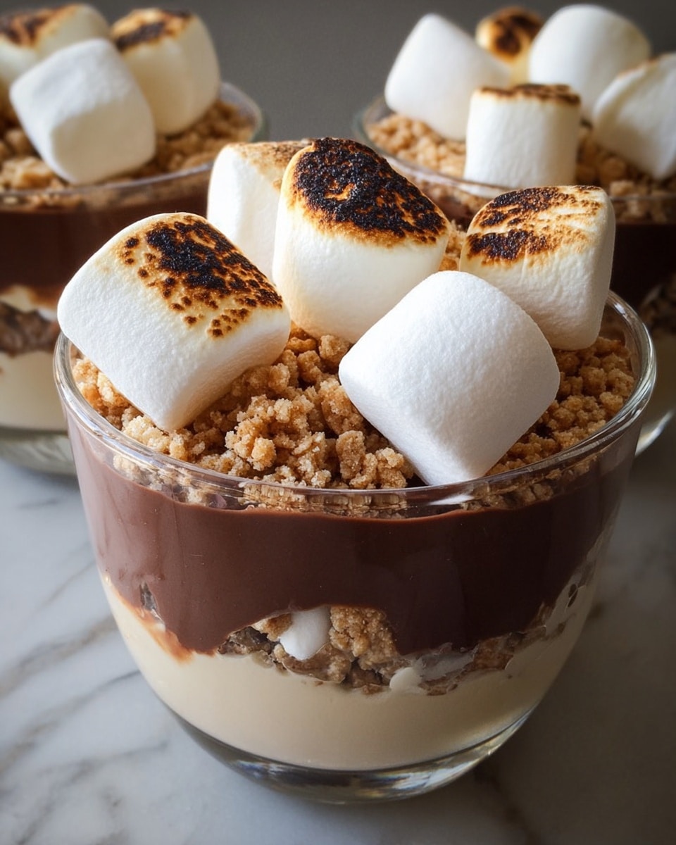 The image shows a dessert with three clear layers in a clear glass. The bottom layer is smooth and light beige, the middle layer is made of small, crunchy, light brown pieces, and the top layer is thick, smooth, and dark brown chocolate. On top, there are large white marshmallows, several of them toasted with brown spots, scattered evenly over the chocolate. The setting has a white marbled texture under the glasses. photo taken with an iphone --ar 4:5 --v 7