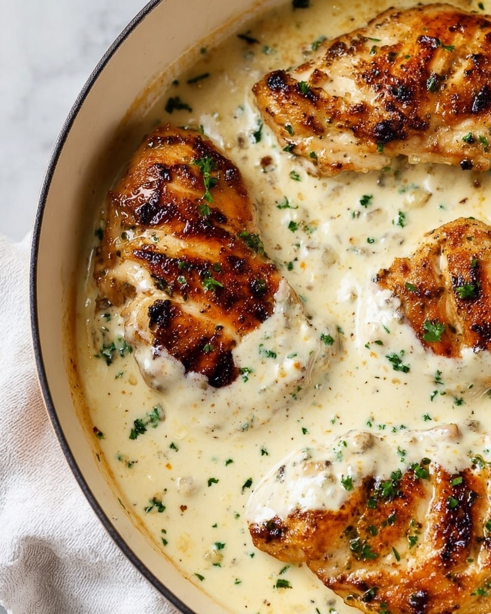 The image shows a close-up of four pieces of golden-brown grilled chicken partially covered with a thick, creamy white sauce inside a white pan. The chicken has a slightly charred texture with visible grill marks, and small green herb bits are sprinkled over both the chicken and sauce. The creamy sauce appears smooth and rich, filling the spaces between the chicken pieces and coating their edges evenly. The pan sits on a white marbled surface with a light cloth partially visible at the edge. photo taken with an iphone --ar 4:5 --v 7