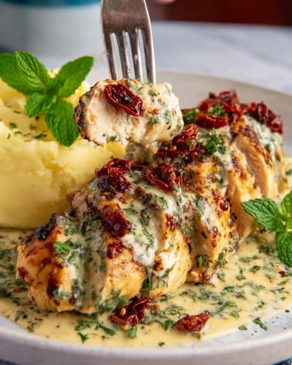 The image shows a plate with a white marbled background holding a serving of golden brown grilled chicken breast cut into thick slices arranged in a row. The chicken is covered with a creamy sauce speckled with green herbs, and sun-dried tomatoes are placed on top, adding a dark red color contrast. To the side, there is a smooth pile of pale yellow mashed potatoes. A fork held by a woman's hand is gently lifting one slice of chicken. Fresh green mint leaves are placed at the back for a touch of fresh color. The photo taken with an iphone --ar 4:5 --v 7