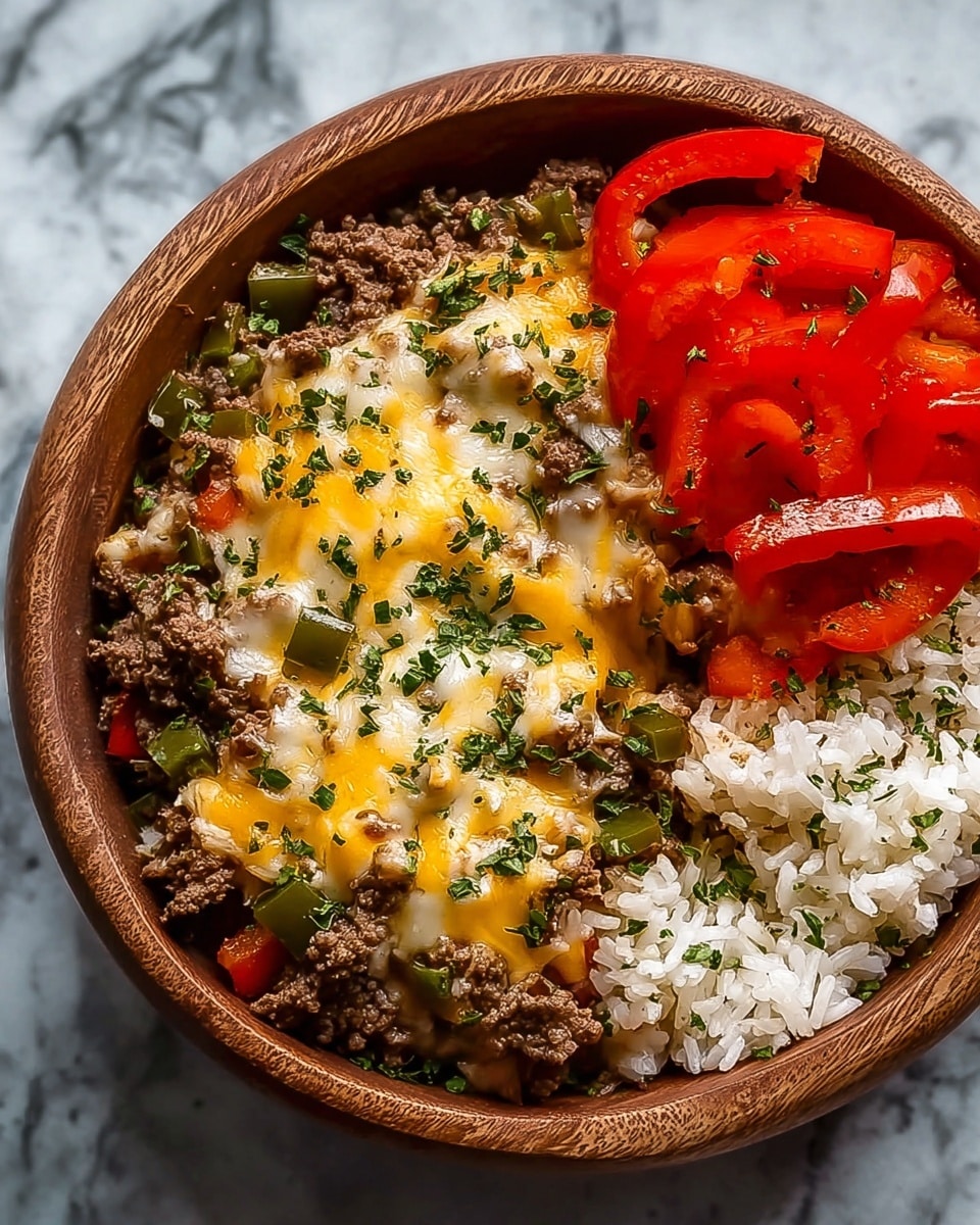 A wooden bowl holds a colorful layered dish with three main parts. The bottom layer is white rice, peeking through in two sections on the right and under the other layers. On the left side, cooked ground beef mixed with green bell peppers and small bits of red pepper sits atop the rice, covered generously with melted yellow and white cheese sprinkled with green herbs. At the top, sliced bright red bell peppers add a fresh, crisp layer. The bowl is on a surface with a white marbled texture. Photo taken with an iphone --ar 4:5 --v 7