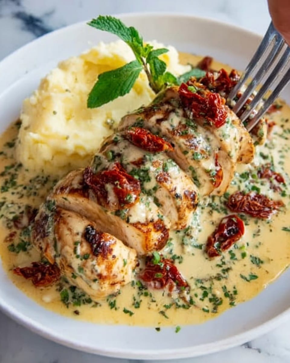 The image shows a white plate with grilled chicken breasts sliced and arranged in a row, covered in a creamy sauce with green herbs sprinkled on top. There are pieces of sun-dried tomatoes resting on the chicken, adding a rich red color to the dish. To the side of the chicken, there is a smooth serving of mashed potatoes with a creamy texture. A woman's hand holding a fork is about to pick up a piece of chicken. The whole plate sits on a white marbled surface. Photo taken with an iphone --ar 4:5 --v 7