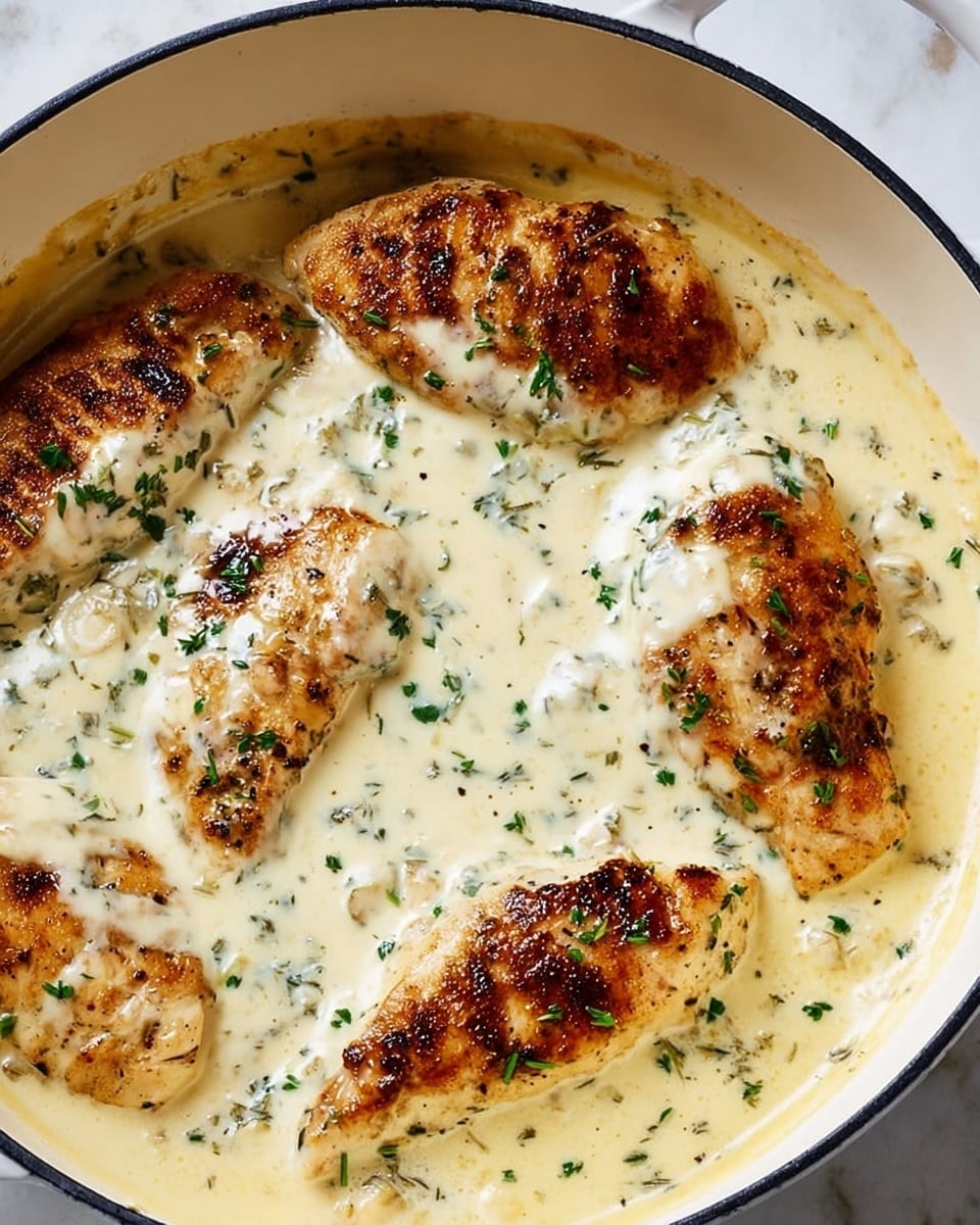 The image shows a white pan filled with a creamy sauce and four browned grilled chicken breasts partially covered by the sauce. The sauce is thick and pale yellow with a smooth texture, dotted with small green herbs sprinkled on top. The chicken breasts have a golden-brown, slightly crispy surface with grill marks visible, peeking out from under the sauce. The pan is set against a white marbled surface. Photo taken with an iphone --ar 4:5 --v 7