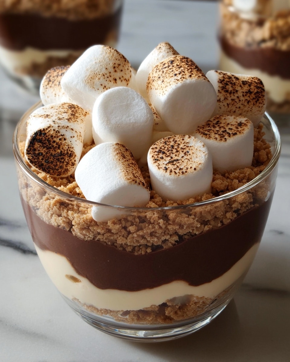 In a clear glass cup, the dessert has four visible layers: the bottom layer is creamy and pale yellow, topped with a layer of crumbled light brown crunchy bits, followed by a thick, smooth dark chocolate mousse layer; on top, there are large white marshmallows, some toasted with a golden-brown speckled surface while others remain pure white, evenly placed close together, creating a soft and fluffy texture contrast. The clear glass shows all layers clearly, and the background is a white marbled texture. Photo taken with an iphone --ar 4:5 --v 7