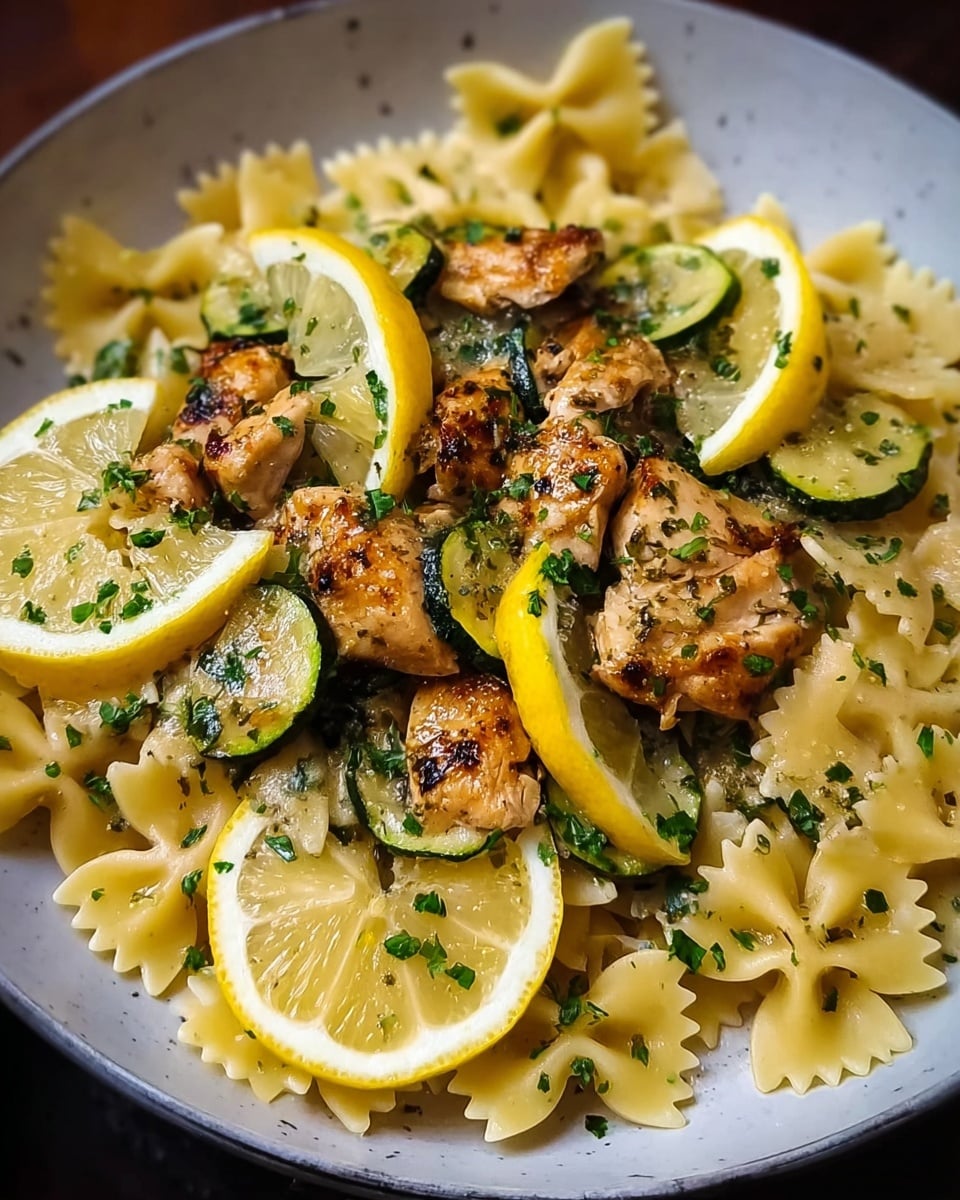 A close-up of a white plate filled with three layers: the bottom layer is cooked bowtie pasta in a light creamy sauce, the middle layer includes golden-brown grilled chicken pieces and thin, dark green zucchini slices, and the top layer has bright yellow lemon wedges and chopped fresh green herbs scattered over everything. The texture of the chicken looks crispy, while the pasta is smooth and slightly shiny. The plate rests on a white marbled surface. photo taken with an iphone --ar 4:5 --v 7