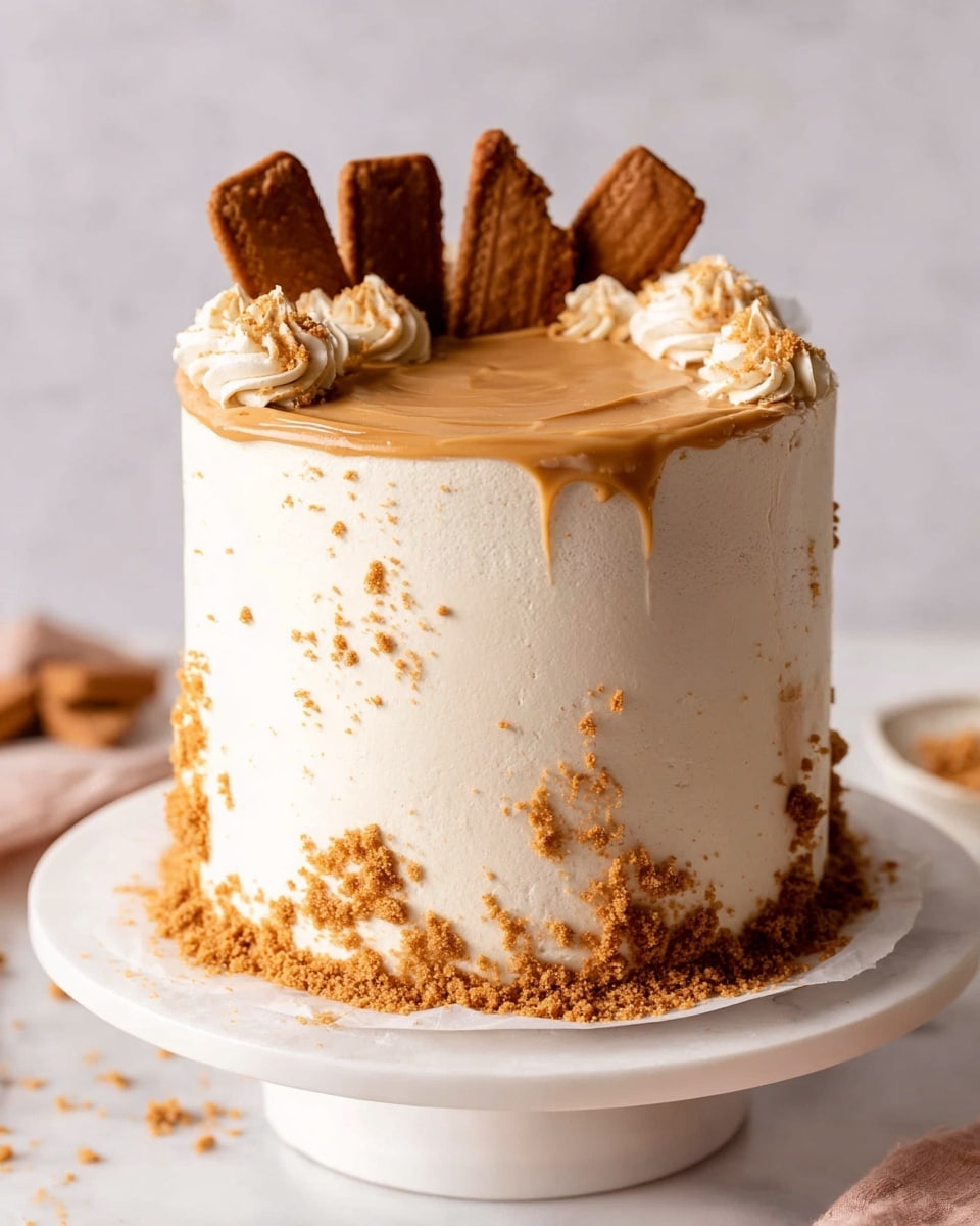 A tall cake with smooth off-white frosting covering the whole outside, decorated with scattered crumb clusters of light brown crumbs all around the surface and base; the top has a glossy light caramel-colored layer that fills most of the top area, with several whole rectangular brown cookies placed partially on the caramel layer near the back edge; the cake sits on white parchment paper on a white round cake stand, all set on a white marbled background. photo taken with an iphone --ar 4:5 --v 7