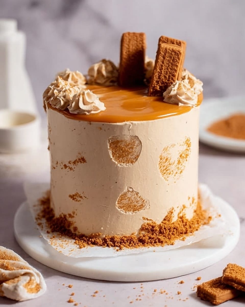 A tall, round cake with smooth, light brown frosting evenly covering the outside, decorated with patches of crushed cookie crumbs scattered on the sides and around the base. On top, there is a glossy layer of caramel-colored icing, half covering the cake's surface, with three rectangular cookie pieces standing upright along one edge. The cake sits on white parchment paper placed on a white marble textured round board, with blurred white marbled background and some cookies on the side. Photo taken with an iphone --ar 4:5 --v 7