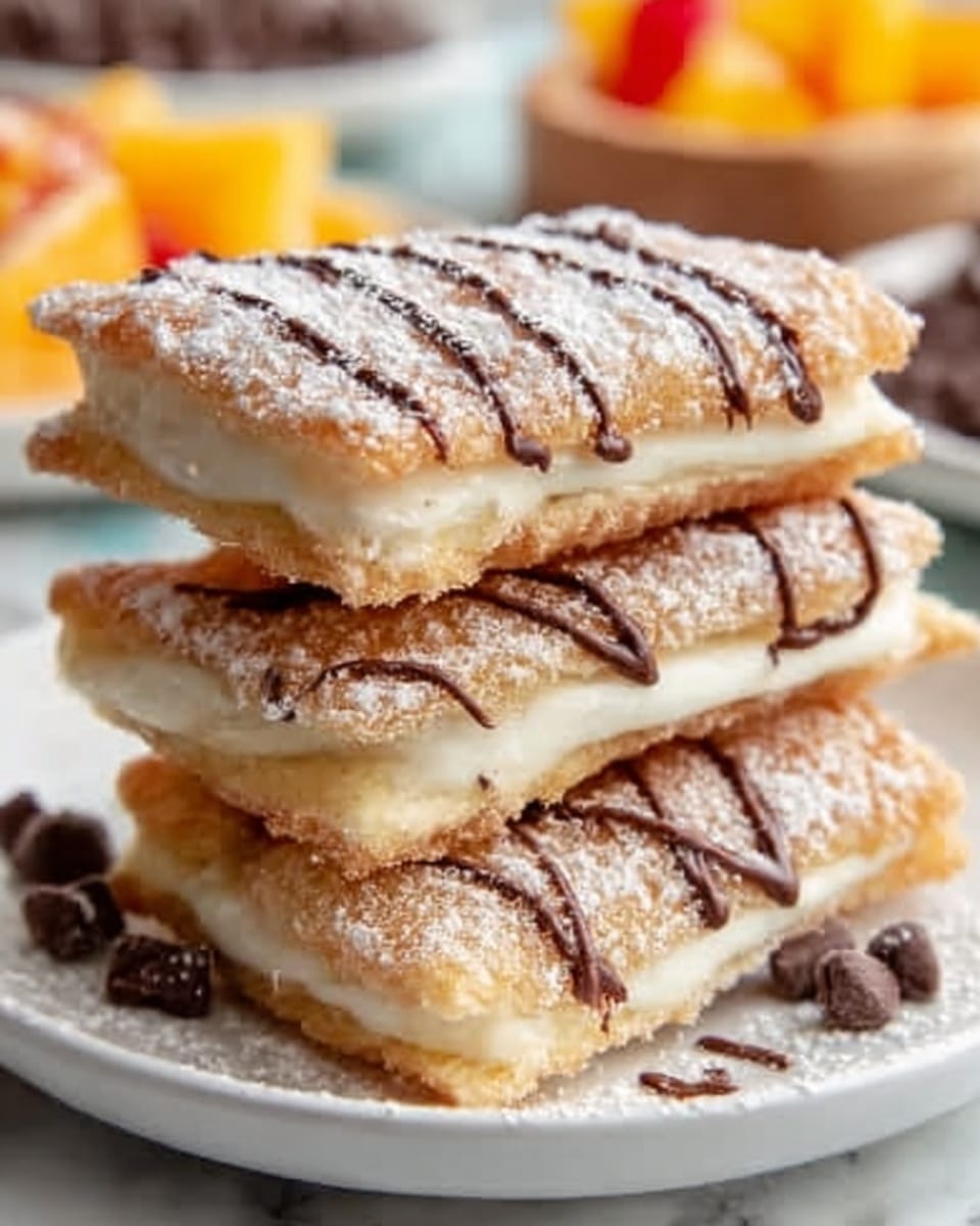 A stack of four rectangular dessert bars is shown, each with a golden-brown, crispy pastry layer on top, dusted with white powdered sugar. Between the layers is a smooth, creamy white filling that looks soft and thick. Drizzled on the top layer are thin lines of chocolate sauce, adding dark brown contrast to the light colors. The bars are placed on a white plate, with a blurred background showing orange fruit pieces and chocolate chips. The surface underneath is a white marbled texture. photo taken with an iphone --ar 4:5 --v 7
