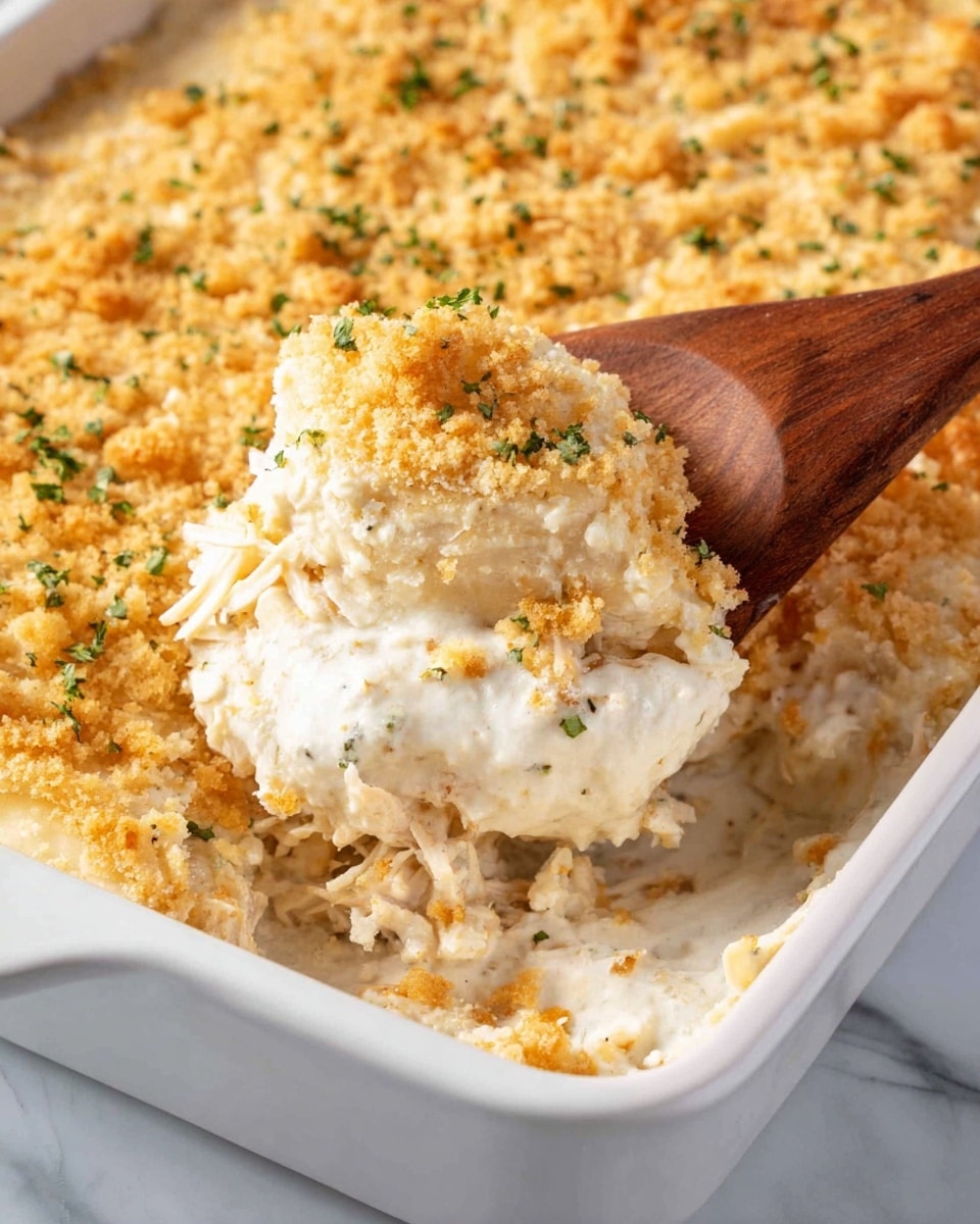 A white baking dish filled with baked rotini pasta has three visible layers: the bottom layer is creamy sauce with mushroom slices, the middle layer is cooked rotini pasta in yellow color mixed with mushrooms, and the top layer is melted golden-brown cheese with sprinkles of green parsley and black pepper. A large spoon rests inside the dish, partially scooping out the pasta with a piece of mushroom and sauce on it. The dish is placed on a wooden table with some green parsley leaves nearby, and the background shows a white marbled texture. photo taken with an iphone --ar 4:5 --v 7