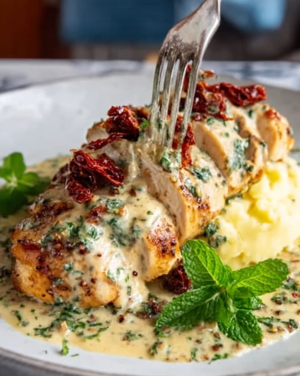 A white plate on a white marbled surface holds a dish with several layers: at the bottom is a creamy, light beige sauce with green herbs mixed in; on top are four pieces of golden-brown grilled chicken breast, arranged side by side and covered partly in the sauce; there are small red sun-dried tomatoes scattered over the chicken, and finely chopped green herbs sprinkled on everything; behind the chicken is a smooth mound of creamy white mashed potatoes; a fresh green mint leaf rests on top for decoration. A silver fork is piercing one piece of chicken, held by a woman's hand. Photo taken with an iphone --ar 4:5 --v 7