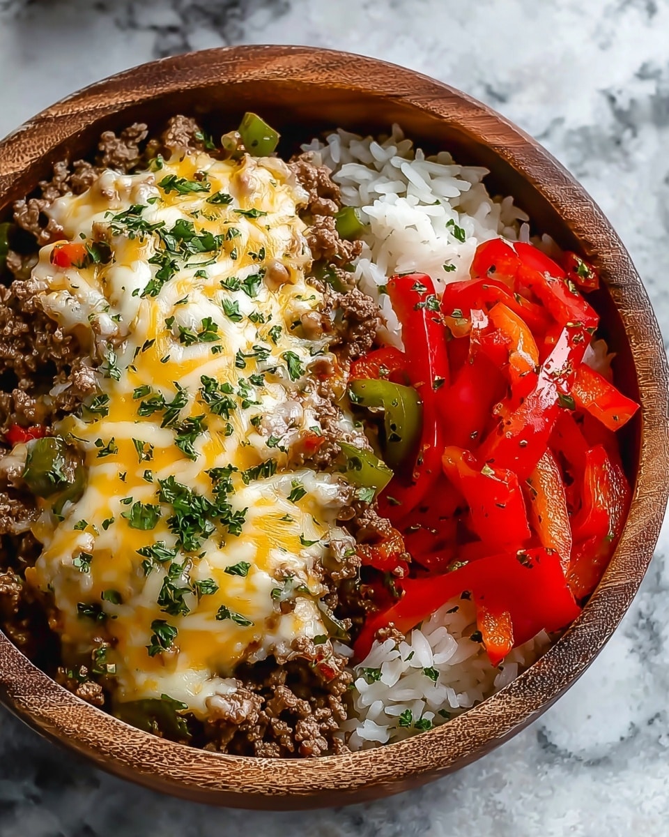 A wooden bowl holds a layered meal starting with a base of white rice on the right side, topped in the center with cooked ground meat mixed with green bell pepper slices and small bits of red pepper. Melted yellow and white cheese covers part of the meat, sprinkled with chopped green herbs. On the left side of the bowl, bright red sliced bell peppers add a fresh, colorful contrast. The bowl is set on a white marbled surface. photo taken with an iphone --ar 4:5 --v 7