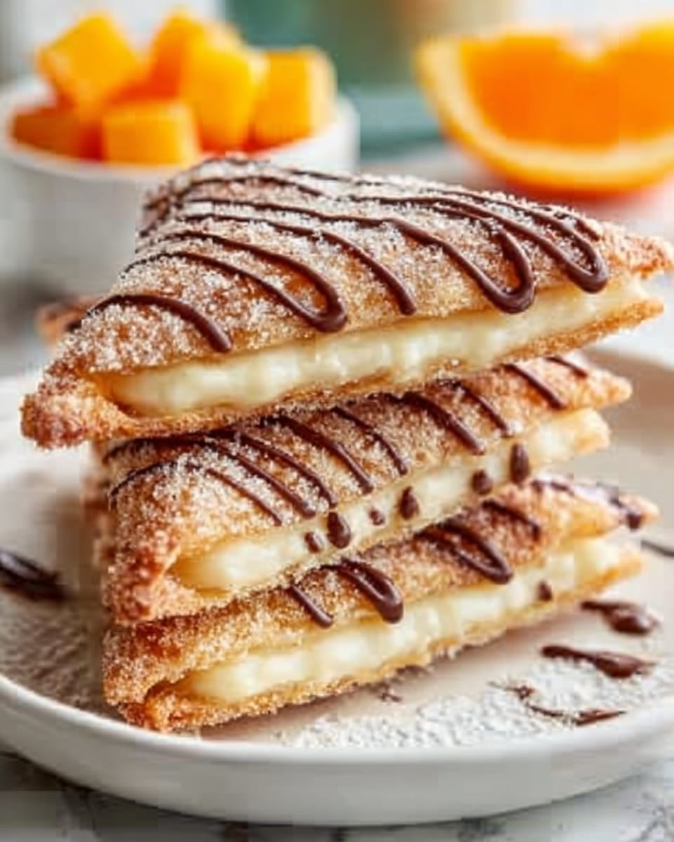 The image shows a stack of three triangular pastries on a white plate set on a white marbled surface. Each pastry has a golden-brown, crispy crust dusted with sugar, giving a slightly grainy texture. Between the layers of crust, there is a smooth, creamy pale filling, while the top of each triangle is decorated with thin, wavy lines of glossy chocolate sauce. In the background, there are blurred cubes of orange fruit adding a splash of color. The scene looks bright and inviting, photo taken with an iphone --ar 4:5 --v 7