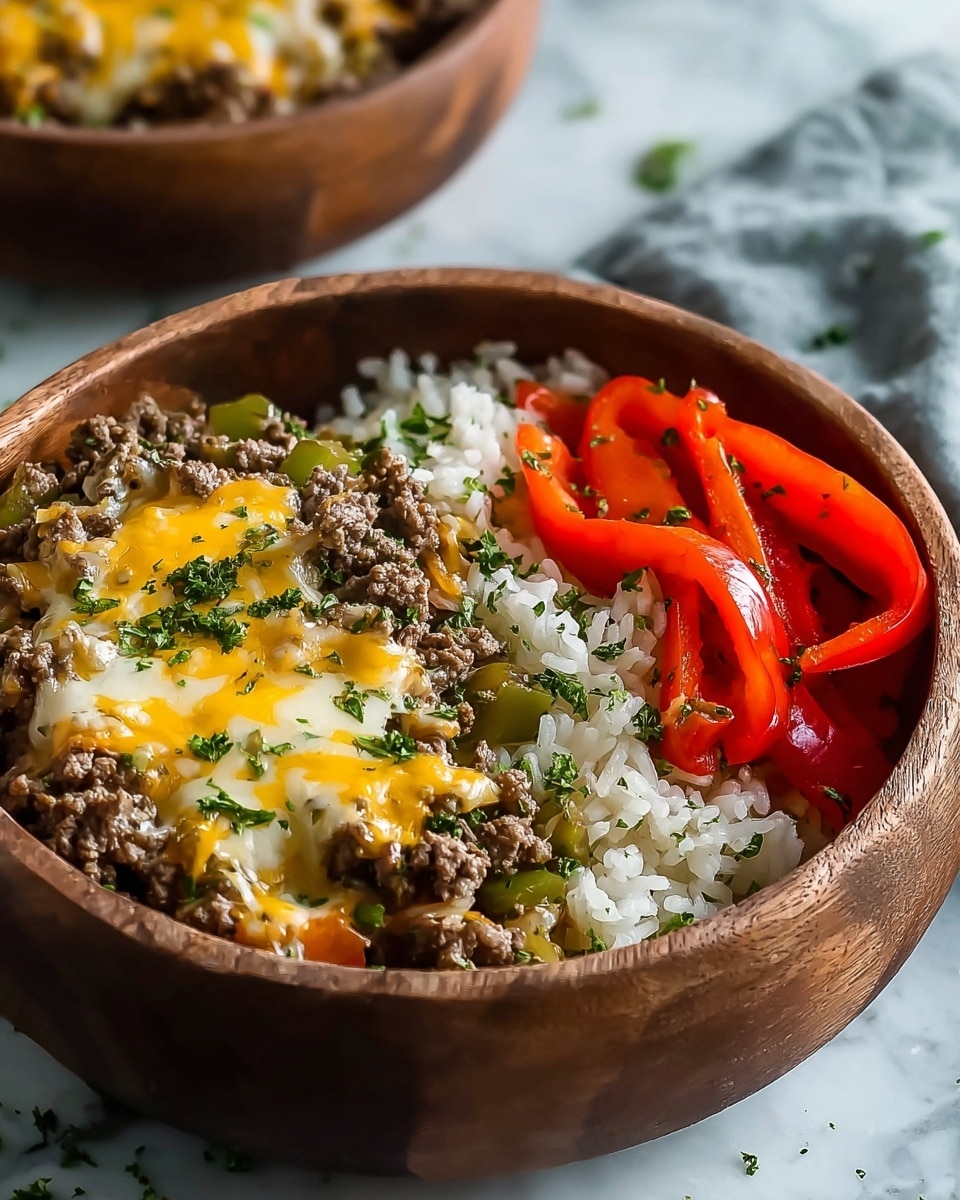 A brown wooden bowl sits on a white marbled surface, filled with three main layers: at the bottom is a layer of white rice with a fluffy texture, topped by cooked ground beef mixed with sautéed green bell peppers and small bits of tomato, and covered with melted yellow and white cheese sprinkled with chopped green herbs. On one side of the bowl, there is a neat portion of bright red sliced bell peppers, also garnished with chopped herbs. In the blurred background, another similar bowl is partially visible. Photo taken with an iphone --ar 4:5 --v 7