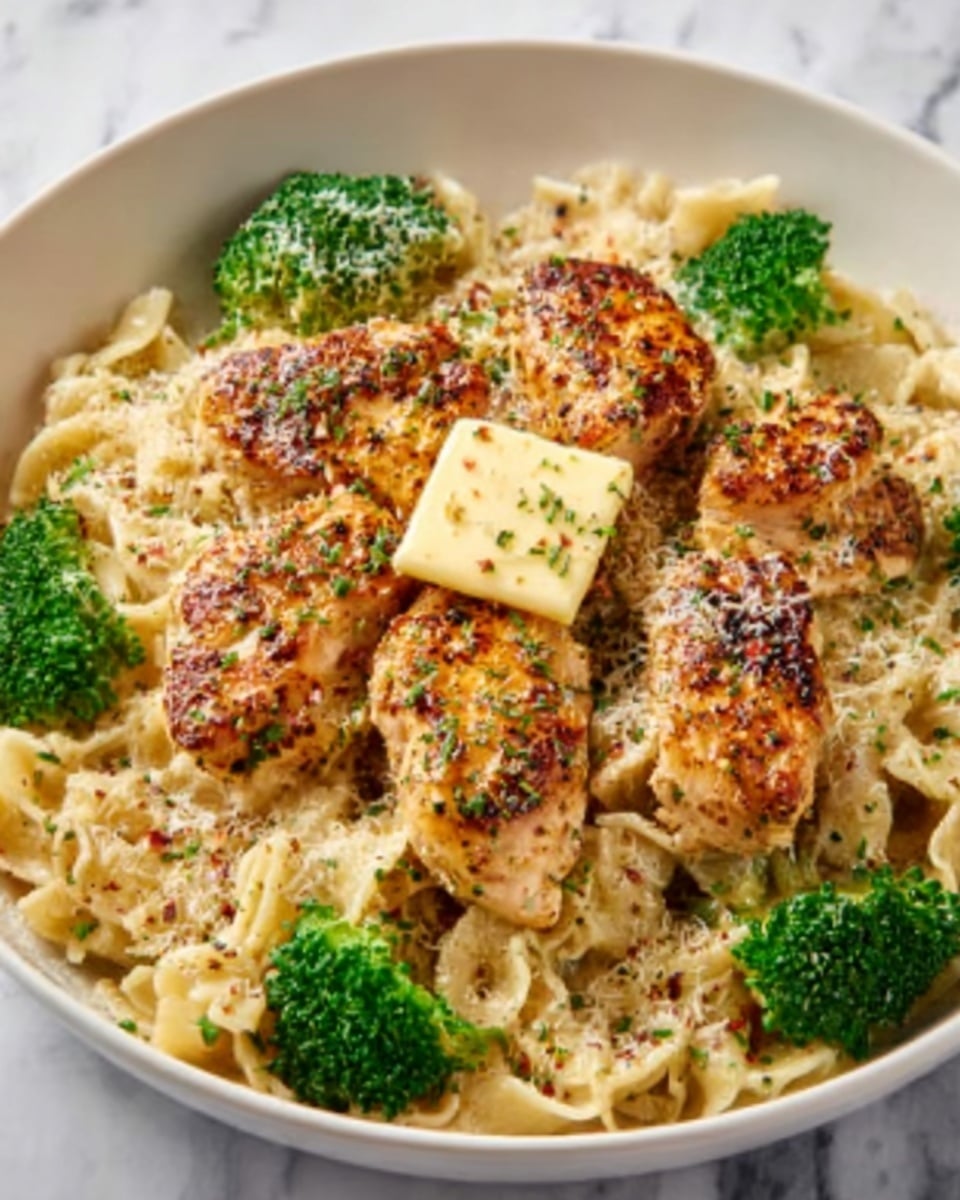 The image shows a close-up of rigatoni pasta mixed with browned, crispy pieces of chicken. The rigatoni is coated in a creamy sauce that gives it a glossy light yellow color. Small green parsley leaves are scattered on top and throughout the dish, adding a fresh touch. Finely grated cheese is sprinkled generously over the pasta and chicken, creating a snowy white layer that melts slightly into the warm food. The textures include the ridged pasta, the crunchy golden-brown chicken, and the soft melted cheese. Photo taken with an iphone --ar 4:5 --v 7