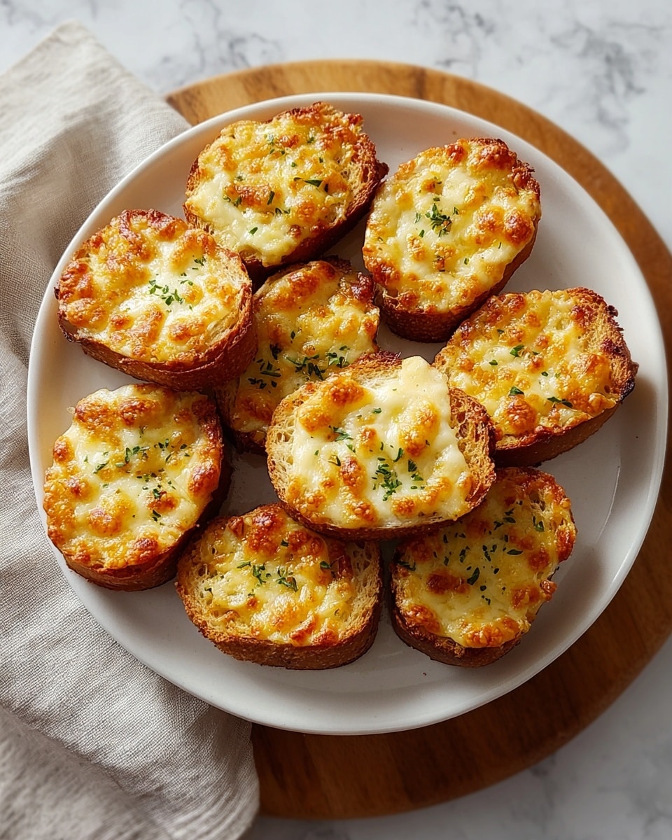 A white plate holds nine small toast slices arranged closely, each piece topped with a thick, bubbly layer of melted golden-brown cheese that looks soft and slightly crispy at the edges. The bread under the cheese is a warm brown color, toasted to a light crunch with visible texture and airy crumb. Small bits of green herbs are sprinkled sparingly over the cheese, adding a touch of color contrast. The plate sits on a round wooden board, and a soft gray cloth is seen partially underneath it on a white marbled surface. photo taken with an iphone --ar 4:5 --v 7